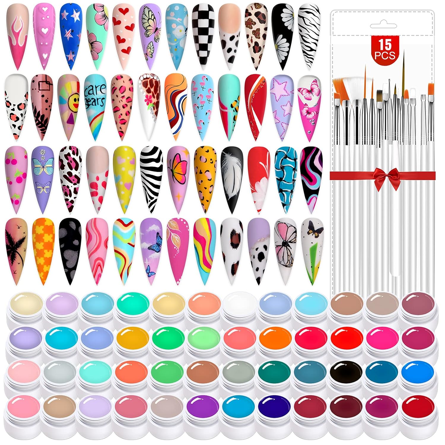 SAVILAND 48 Colors Gel Paint Kit: Solid Nail Art Painting Gel Polish Set with 15pcs Nail Art Brushes for Drawing Painting Home DIY Salon Manicure Supplies Christmas Gift for Women