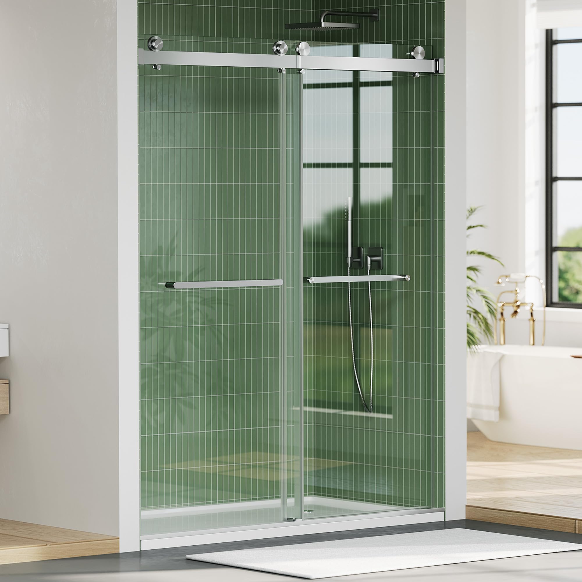 Frameless Double Sliding Shower Door - 56 to 60 Inch Adjustable Width x 74 Inch Height, 1/4" (6mm) Clear Tempered Glass with Easy-Clean, Space-Saving Bypass Design, Brushed Nickel Finish for Bathroom
