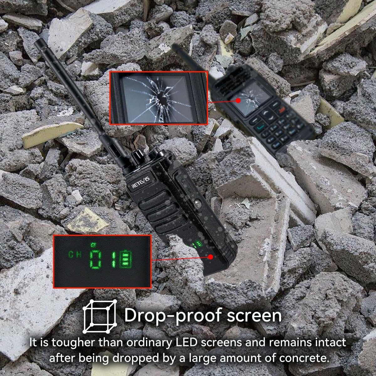Retevis RT86 walkie talkie with an intact display next to a broken screen, highlighting its drop-proof feature.