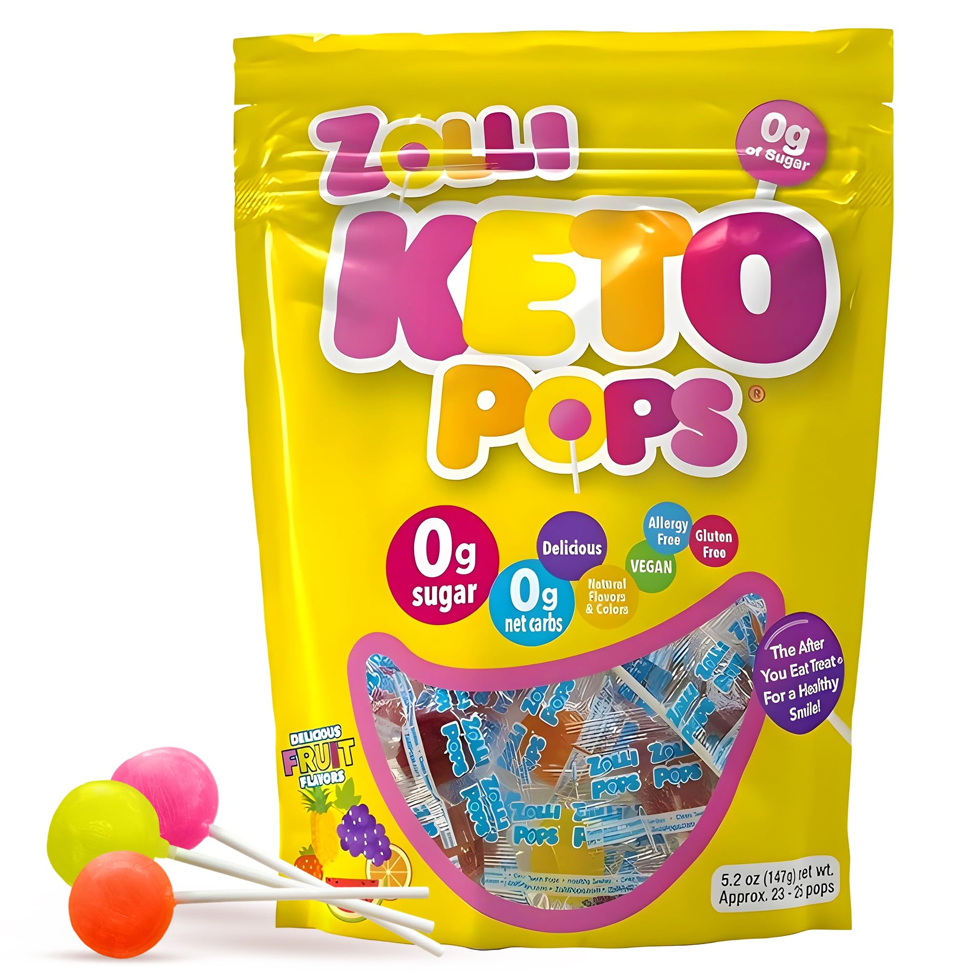 Zolli KETO Pops Sugar Free Lollipop Candy, Vegan, Gluten-Free, Diabetic-Friendly, 5.2oz Resealable Pouch