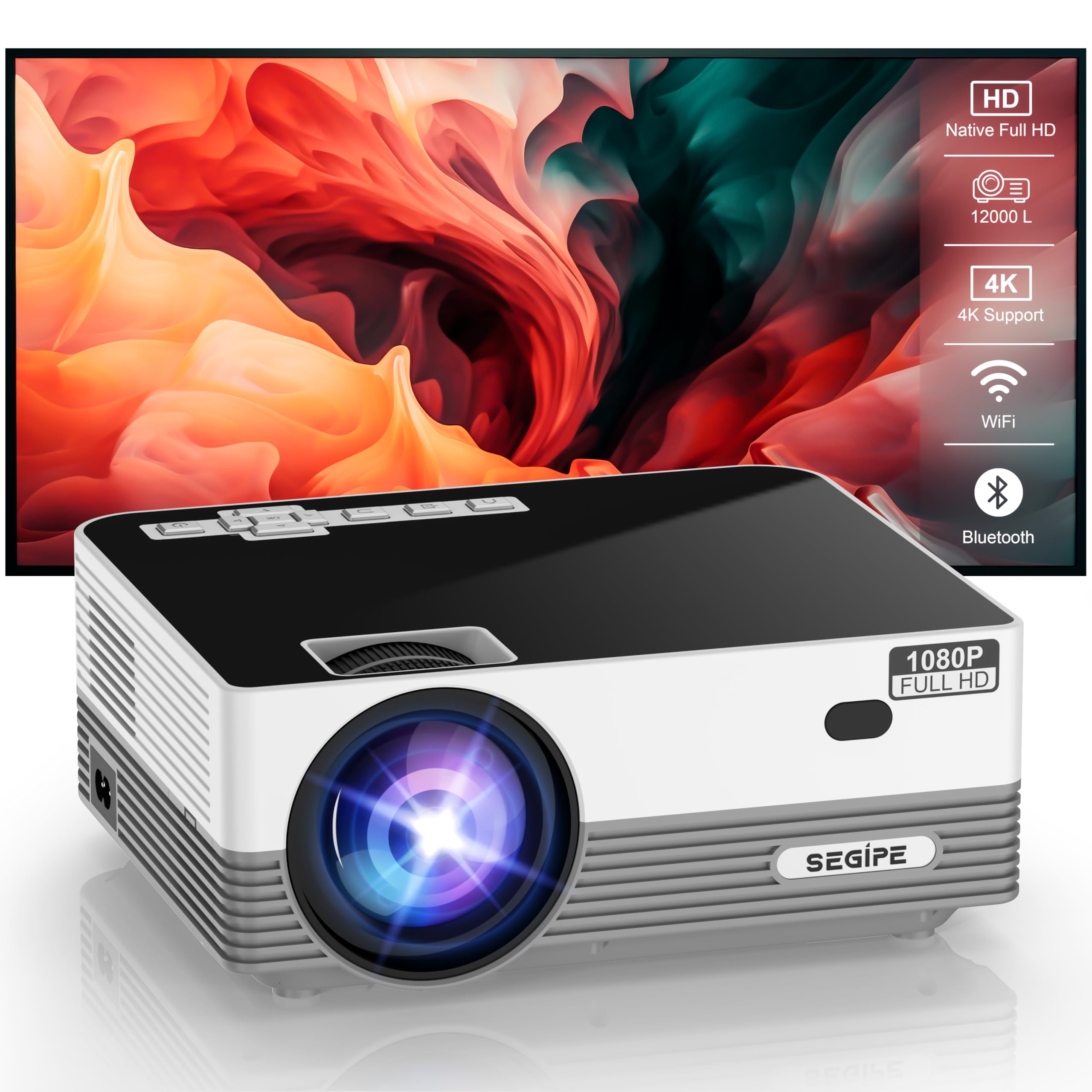 SEGIPE, Proiettore Portatile Nativo Full HD 1080P 12000 lumen 5G Wifi Bluetooth, Proiettore 4k Home Cinema, Mini Proiettore per Telefono, Videoproiettore per Casa Fire Tv Stick