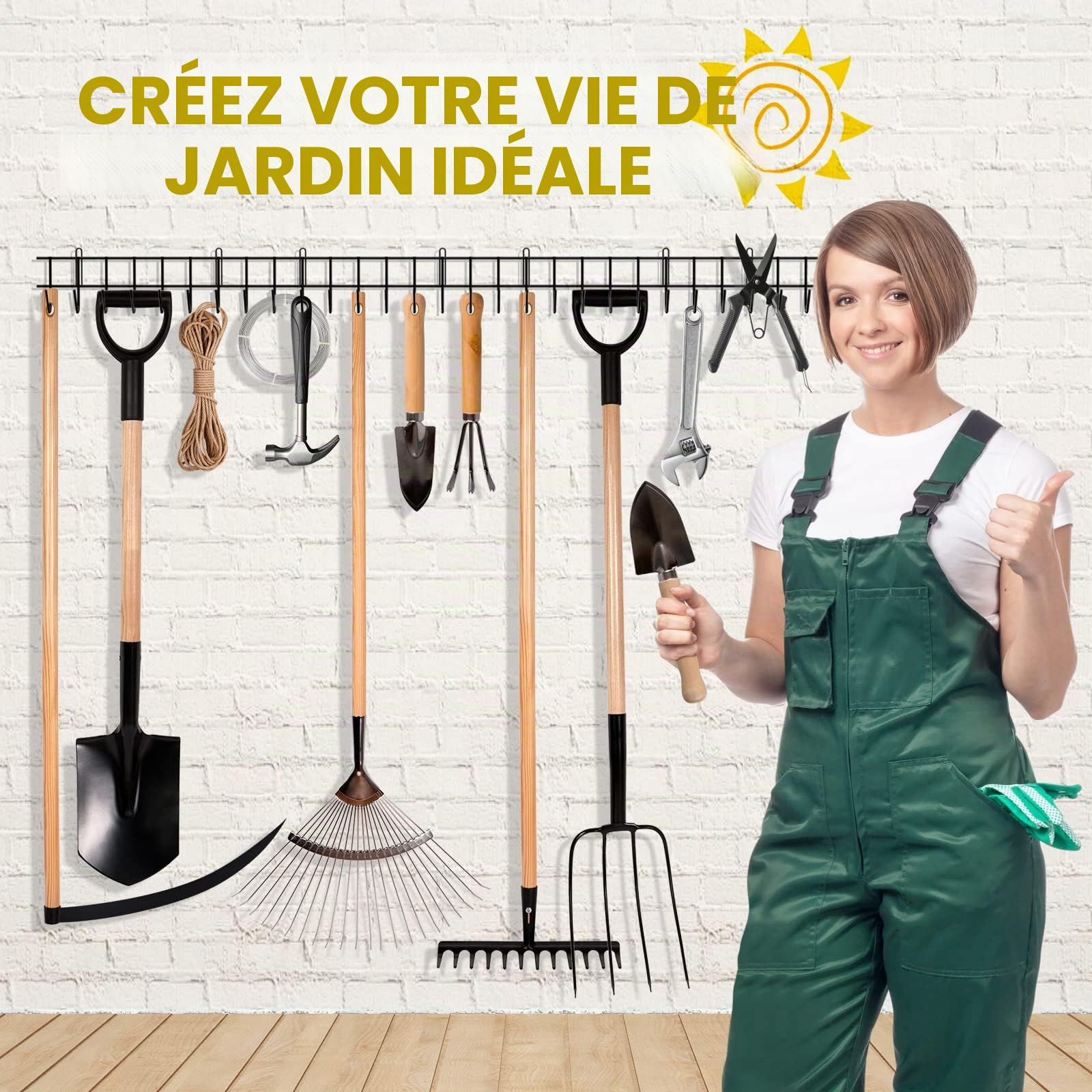 zacurter Support mural pour outils de jardin, garage, outils de jardin, crochets robustes pour outils de jardin, pelles, râteaux, tuyaux, cordes (160 cm)