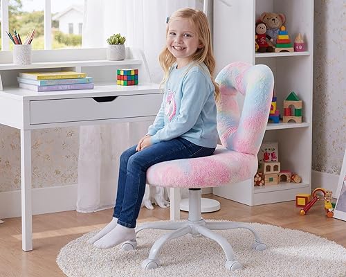 Miniatura 5 de HNY Silla de escritorio para niños con ruedas, bonita silla de tocador peluda con respaldo hueco en forma de corazón ajustable con ruedas para