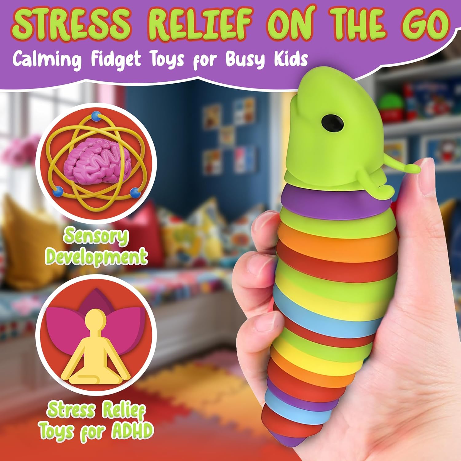 Sensory Fidget Slug Toys- 2 Pcs Wiggle Caterpillar Fidget Toy Set- Swivels, Sways and Wriggles- Cute Autistic Sensory Slug Fidget Toy Set for Kids Age 3+ Year Old- Stress Relief Toys for ADHD