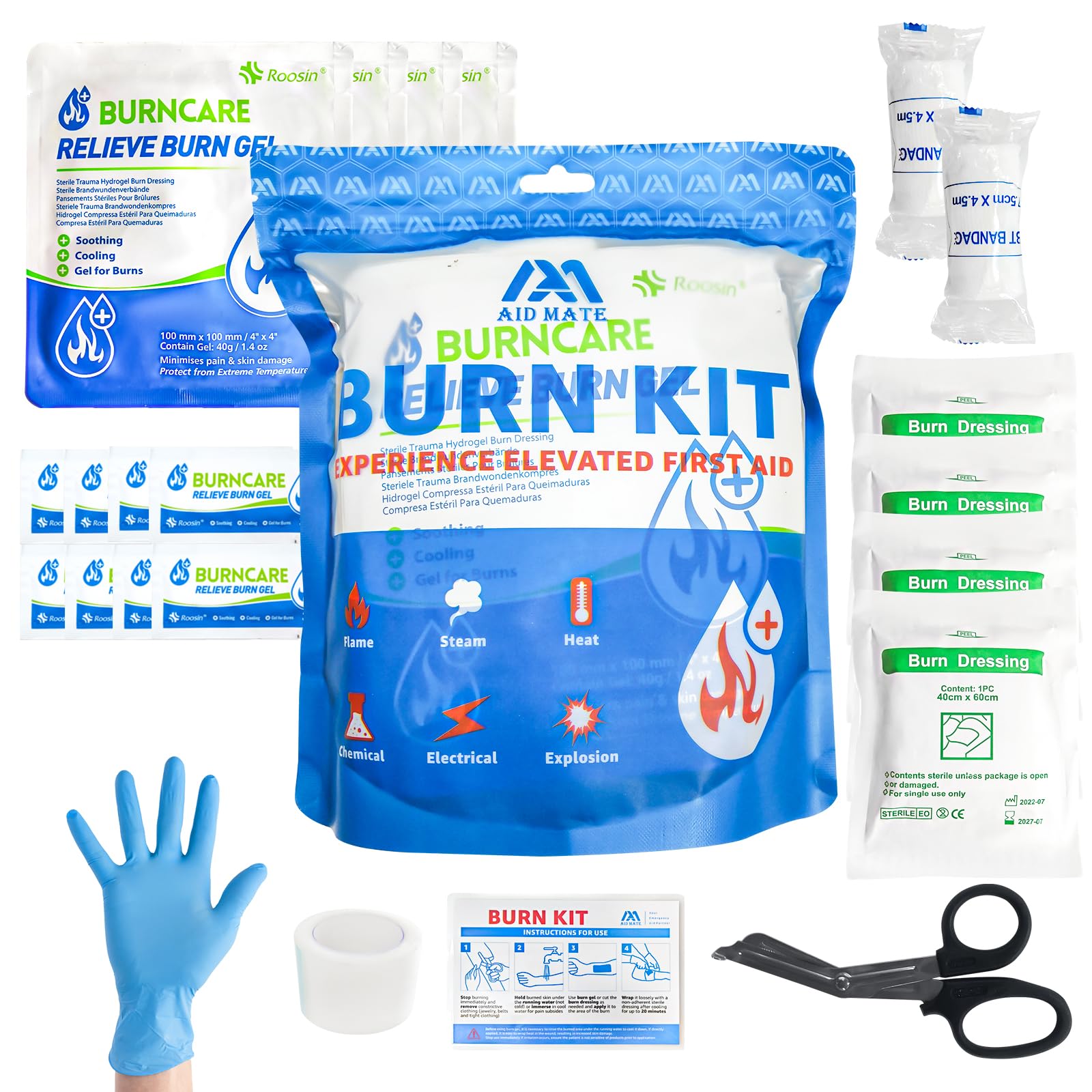 Burn Kit, 4pcs Burn Dressings 4x4”, 8pcs Burn Gel Packets 3.5g, 4pcs Burn Pads, First Aid Kit Cooling Soothing Cream Relief with Bandage, Nitrile Gloves, Scissors, Tape