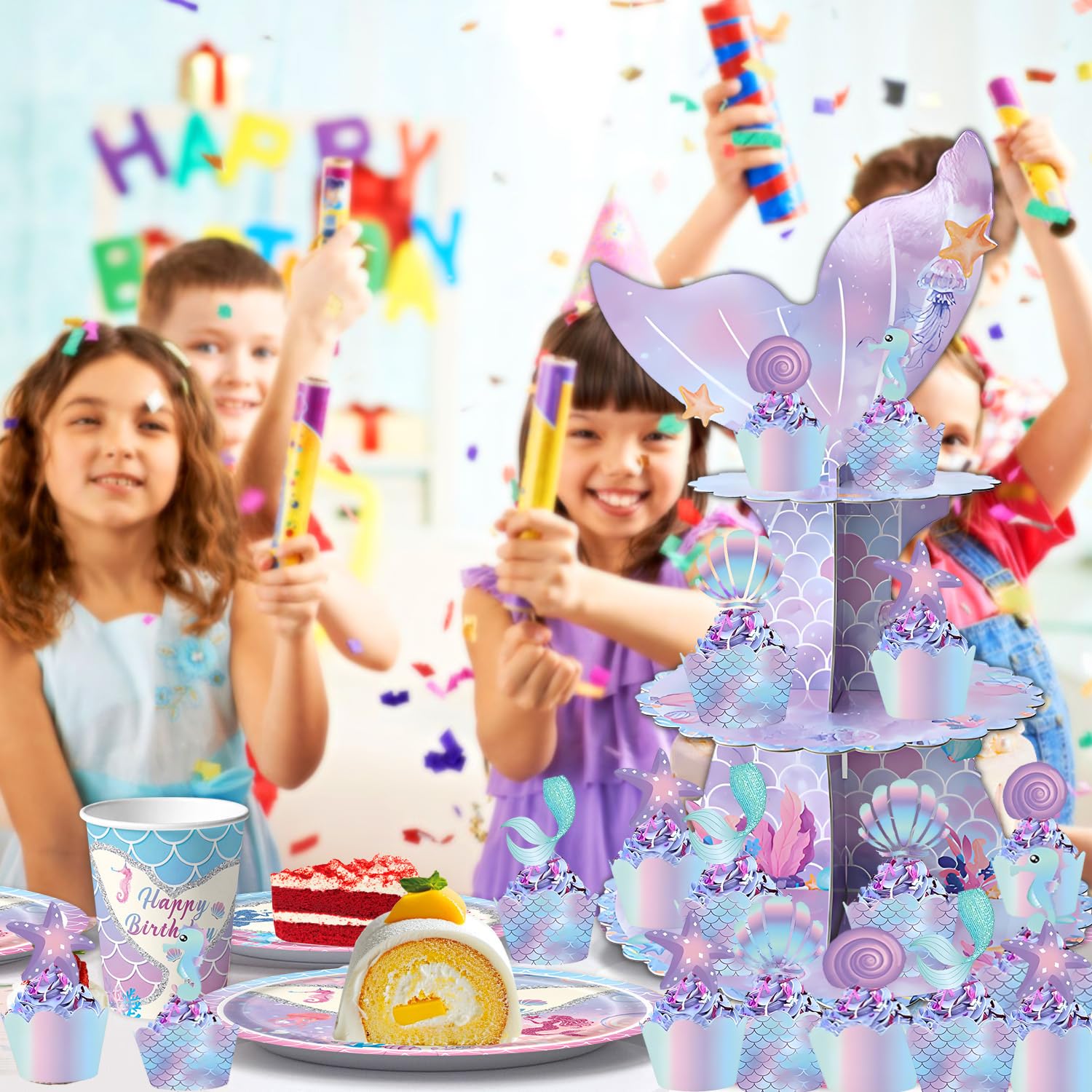 3 Tier Fantasy Ocean Kuchen Stand, Cupcake Turm+20Pcs Cupcake Wrappers+20Tcupcake Tops Unterwasserwelt, Traumhafte Meerjungfrauen Thema Geburtstag Party Dekoration