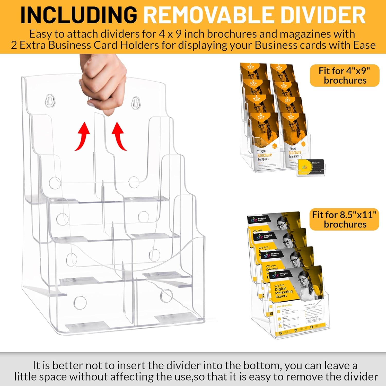 Acrylic Brochure Holder 8.5 x11”, 4 Tier Clear Literature ​​Magazine Stand with Removable Divider for 4 x 9 Pamphlet Display Brochure with Business Card Holders- Wall Mount & Countertop
