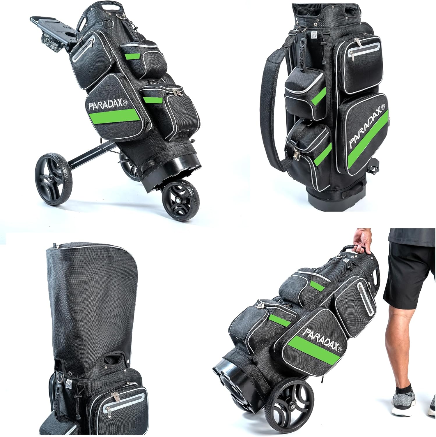 Paradax AI-1 All-in-One Golf Bag with Built-in 3-Wheel Push Cart Bundle | Includes Hood Cover and Bag Strap