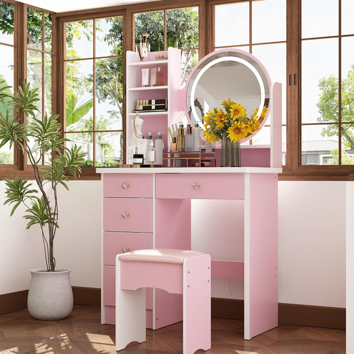 ドレッサー 幅80cm コンパクトミラー スツール付き LEDライト付き ピンク ドレッサー 幅80cm コンパクトミラー スツール付き LEDライト付 ピンク