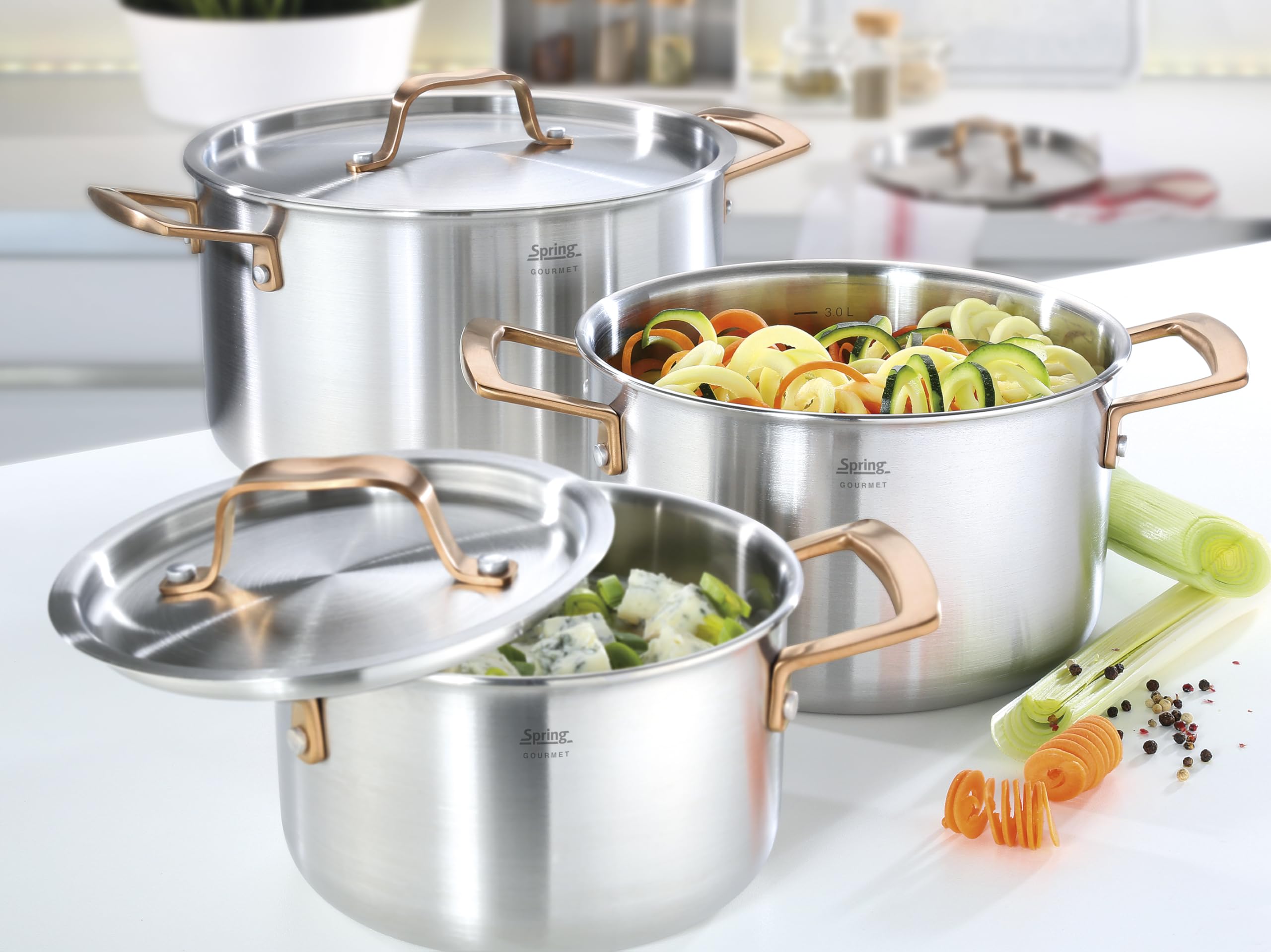 Spring GOURMET 4-częściowy zestaw garnków wielowarstwowych z pokrywką ze stali nierdzewnej, nadają się do piekarnika, ze skalą wewnętrzną, garnek do gotowania Ø 16, 20, 24 cm, garnek do smażenia Ø 20