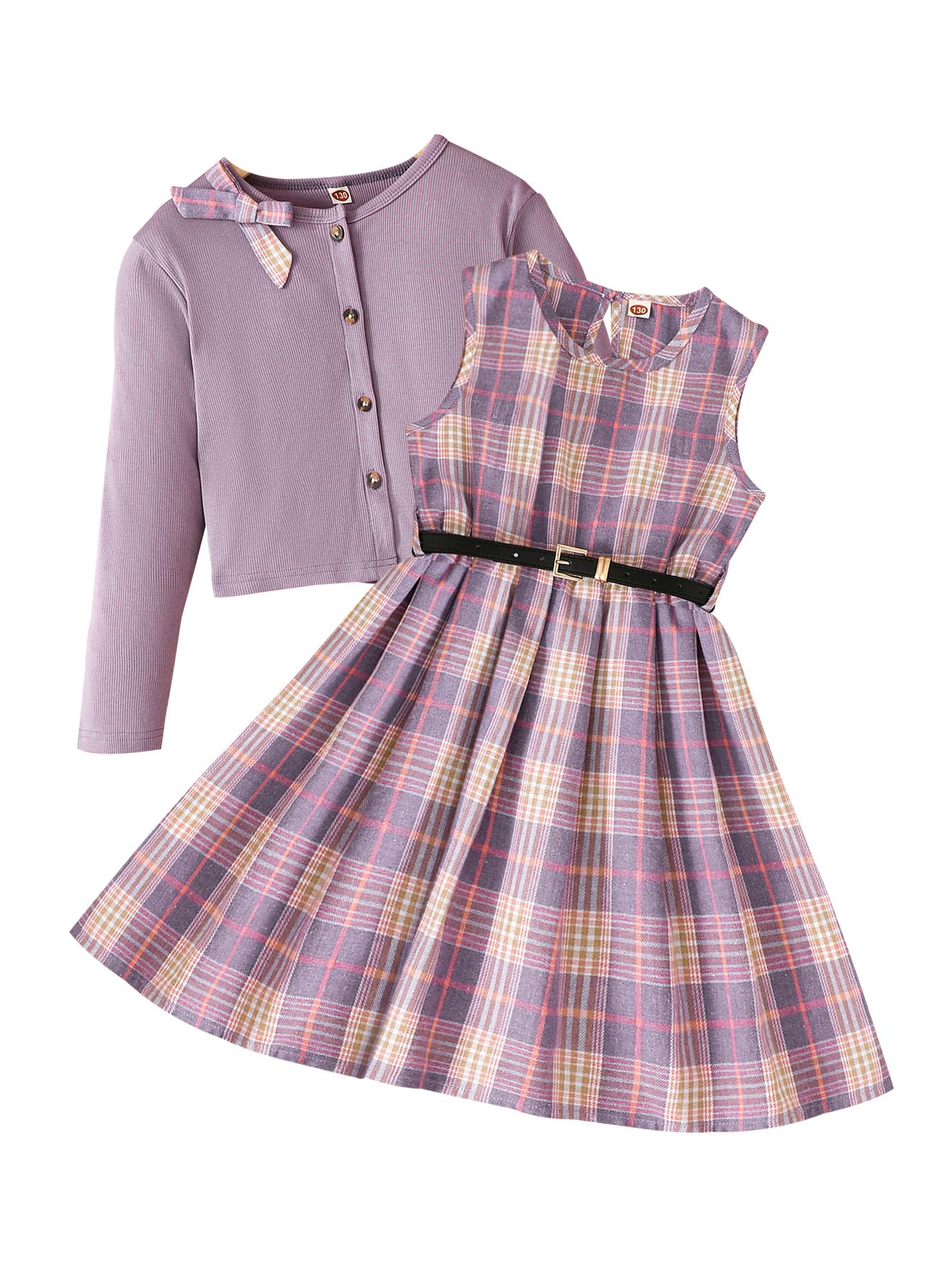 Girls Plaid Dress with Cardigan 3-Piece Outfit Set with Belt Size 7-14