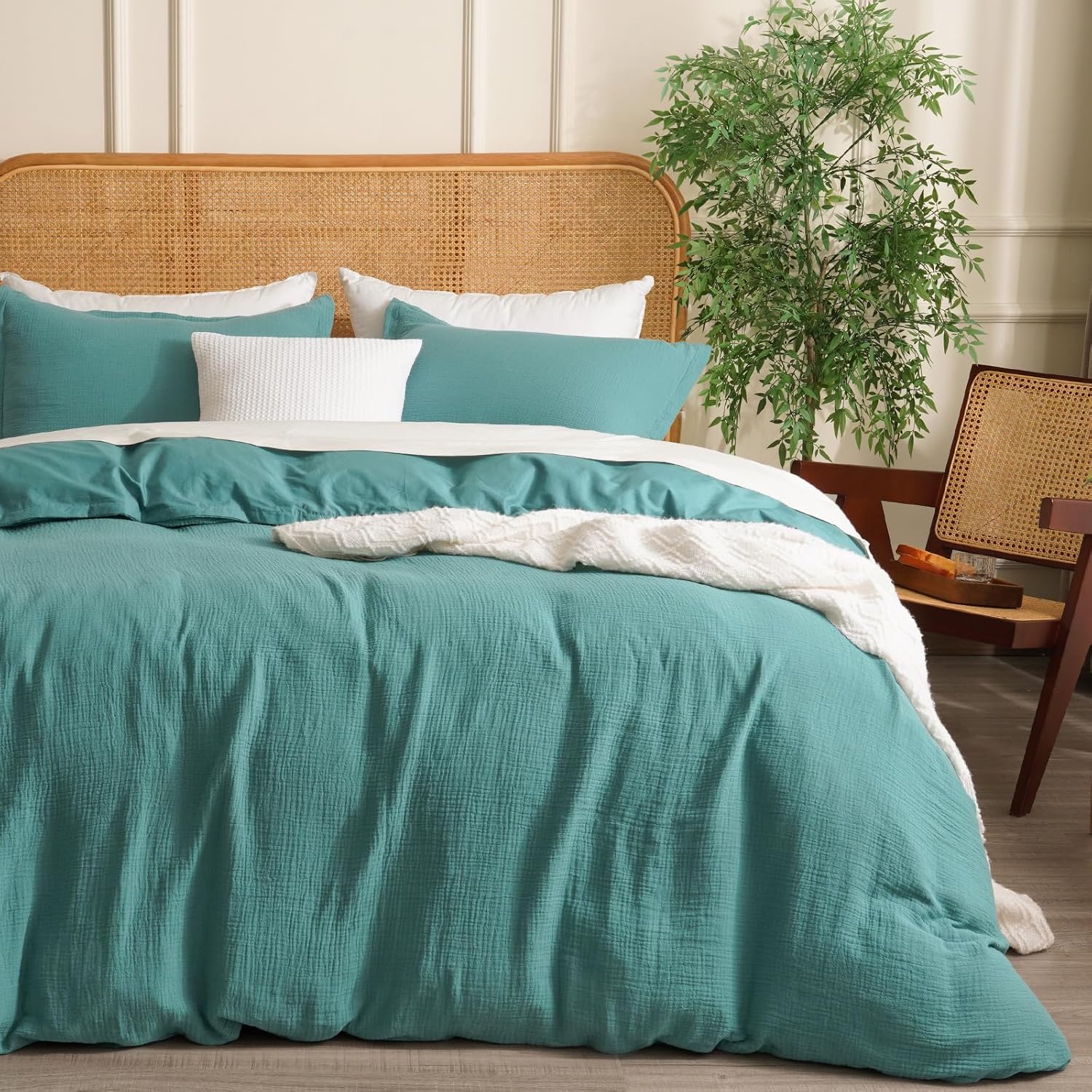 David's Home 100% Cotton Muslin Duvet Cover Set Twin Size,2 Pcs Ultra Soft Breathable & Lightweight Gauze Bedding Set with 1 Pillowcase,Textured Home Decor with Button, 68"×90" Teal,No Insert