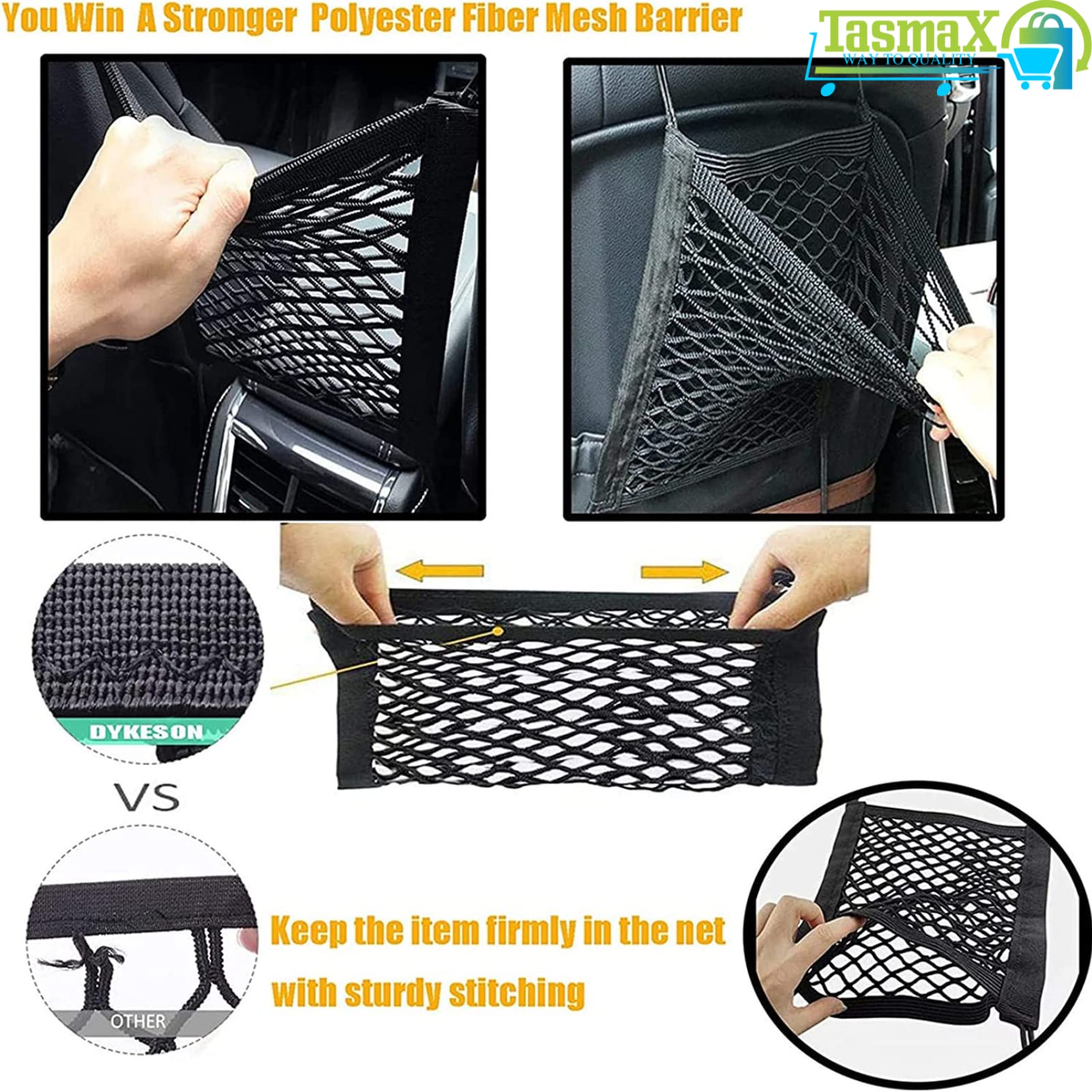 TASMAX car mesh Organizer car mid net Between car Front Seats car Storage Accessories Interior car seat net Holder Barrier of Backseat Pet Kids,Cargo Tissue Purse Holder,Driver Storage Netting Pouch 3