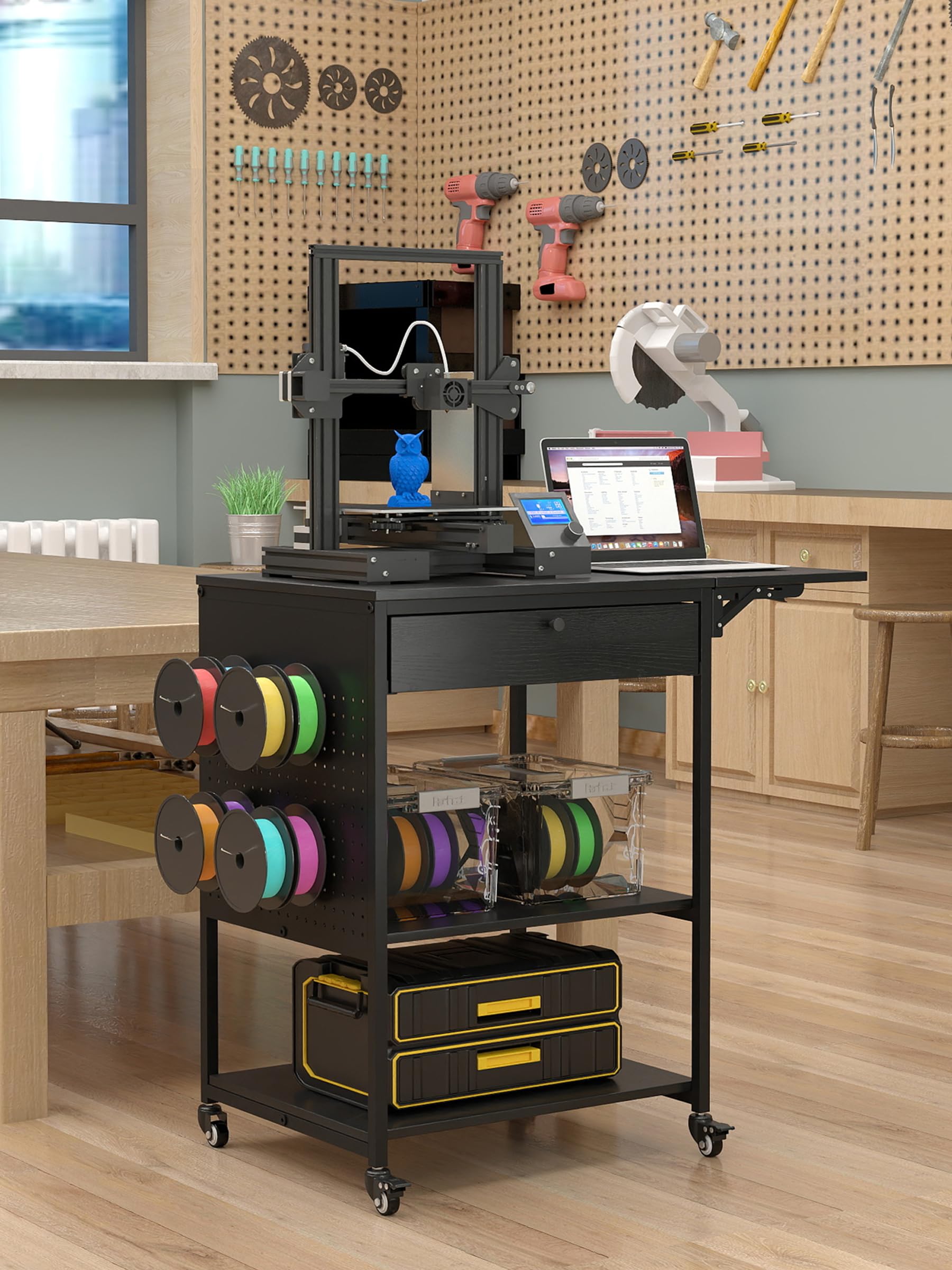 Mesa de impresora 3D móvil de 3 niveles con estante de almacenamiento y cajón, organizador de escritorio multiusos, carrito de impresora rodante para oficina y hogar (90 cm x 50 cm x 80 cm)