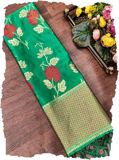 DEVANGI Women's Woven Banarasi Silk Dupatta/Chunni For Women, Floral Print 1 Meter Wide and 2.3 Meter Length Printed Desig...