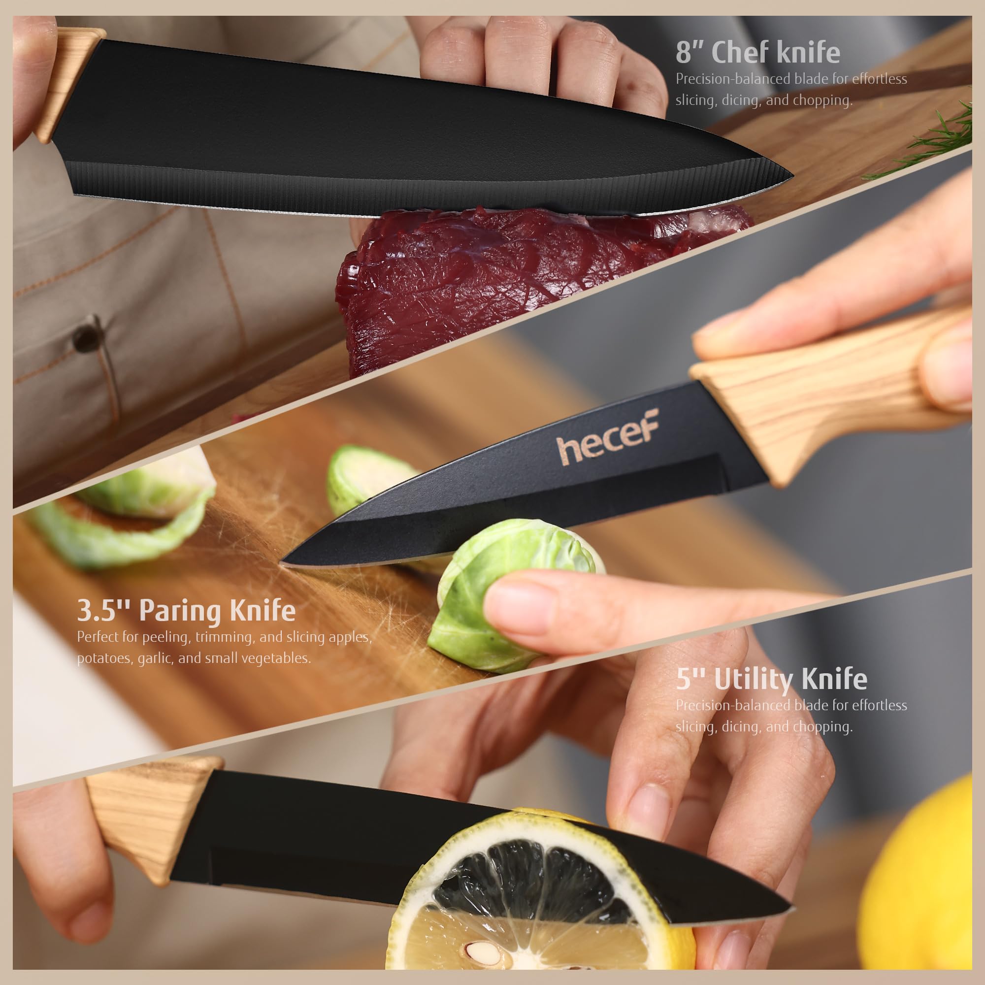 hecef Set Coltelli Cucina 6 Pezzi con Fodero, Acciaio Inox Ultra Affilati, Manico Effetto Legno D’Olivo, Set Coltelli Chef Professionali per Casa & Professionale, Antiruggine