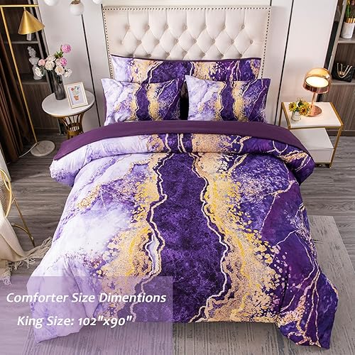 Miniatura 4 de PERFEMET Juego de edredón con estampado de mármol y acuarela, juego de ropa de cama de teñido anudado morado, tamaño King, estampado 3D, ropa de