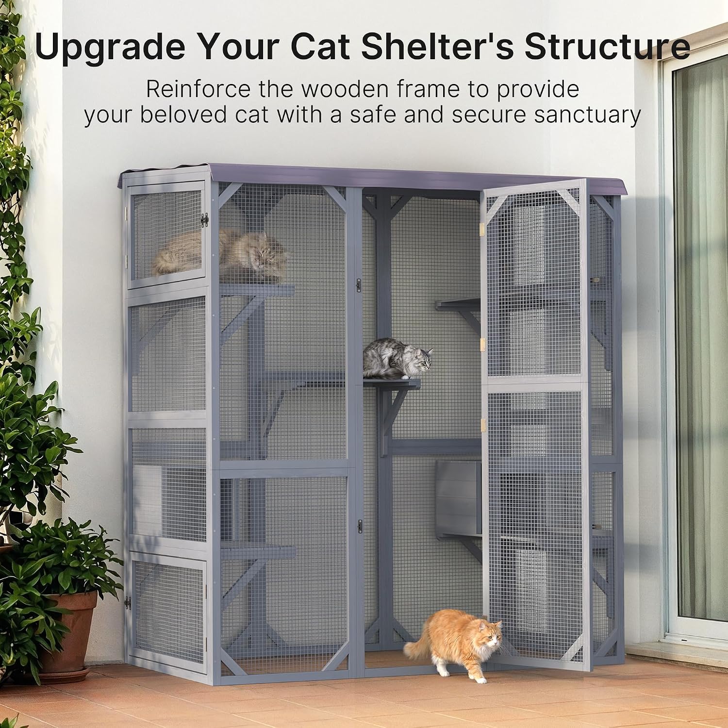 Gizoon Outdoor Cat Enclosure– 70 Inch Large Walk-in Catio for Multiple Cats, Weatherproof Cat House with Tarp Roof, Kitty Playpen Cage for Patio Garden,Grey