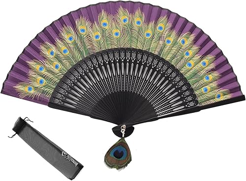 Miniatura 7 de Innolife Pavo real chino/japonés mano plegable ventilador bambú tallado marco seda artesanía ventilador (negro)