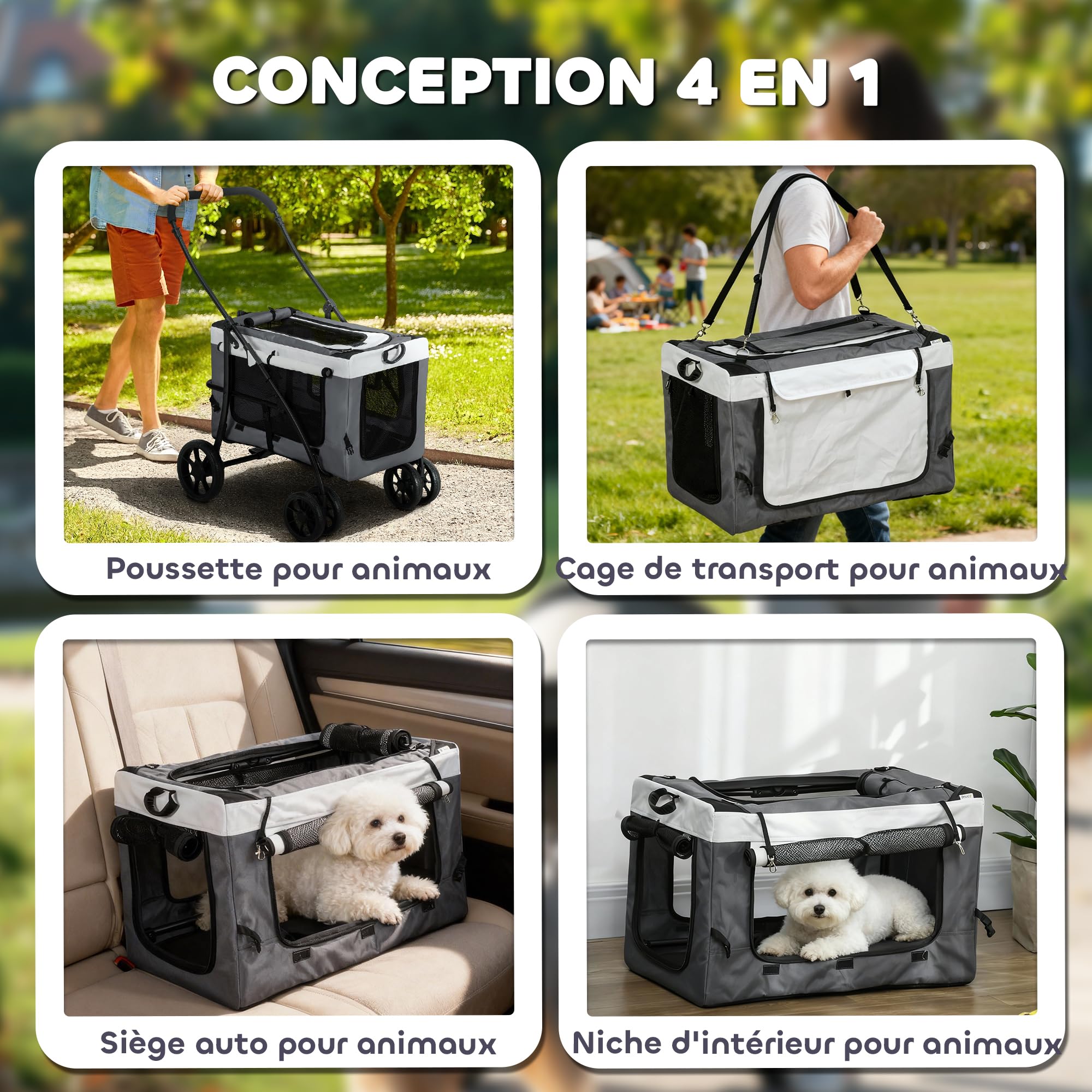 PawHut Poussette pliable animaux chien chat 2 en 1, nacelle amovible bandoulières 4 roues avec frein tissu 600D Oxford 81 x 58 x 97,5 cm gris