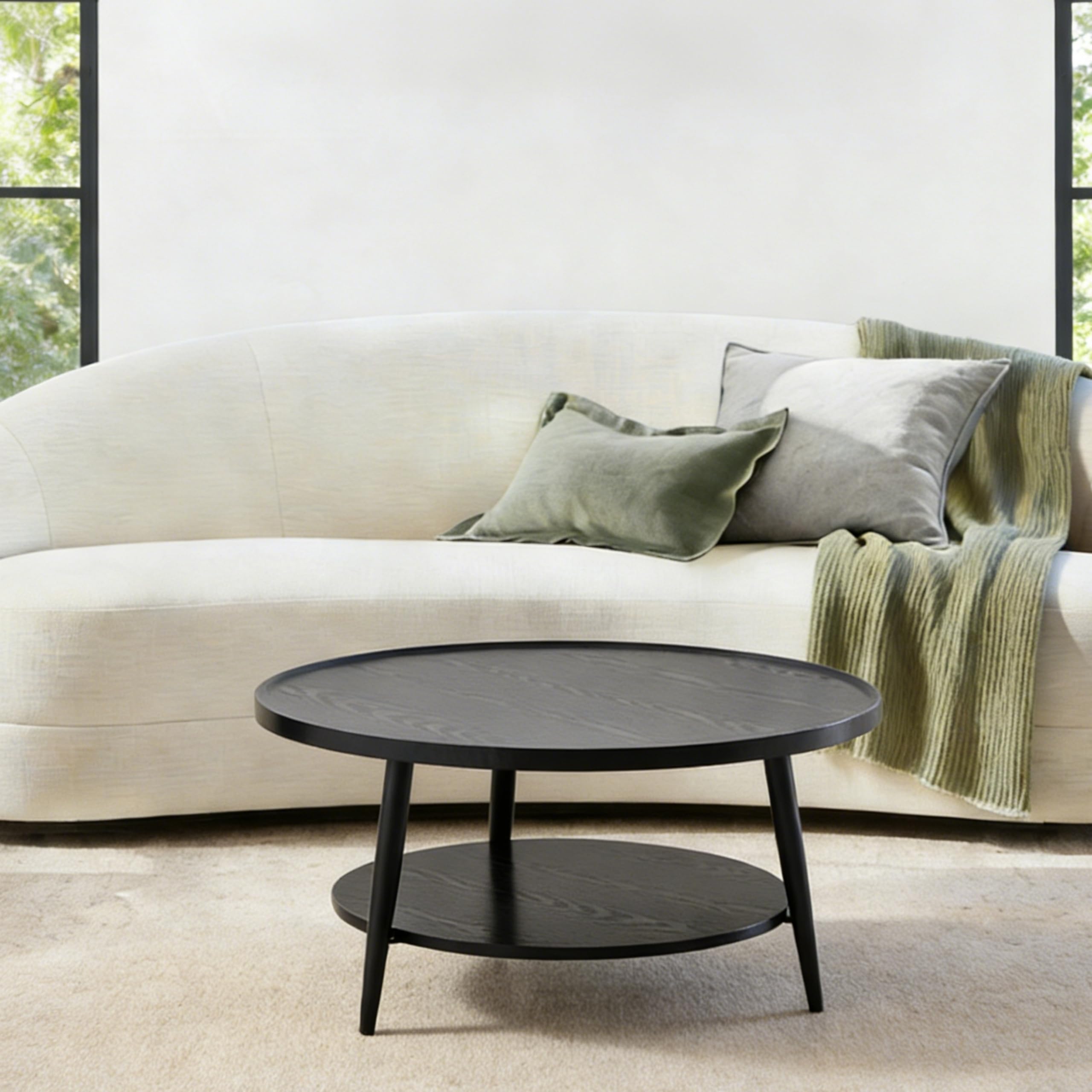 Saint Mossi Black Wood Coffee Table for Living Room Mid Century Modern Round Coffee Table 2-Tier Center Table