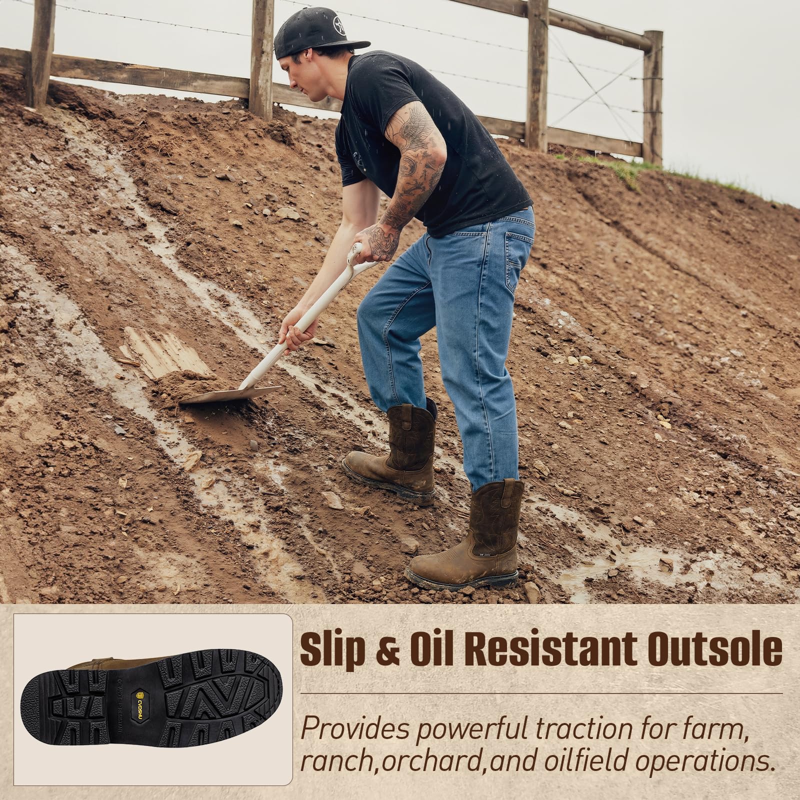 Men's Western Steel Toe Work Boots Round Toe Leather Cowboy Boots for Construction Farming Riding Ranch Botte Travail Homme Brown - 5