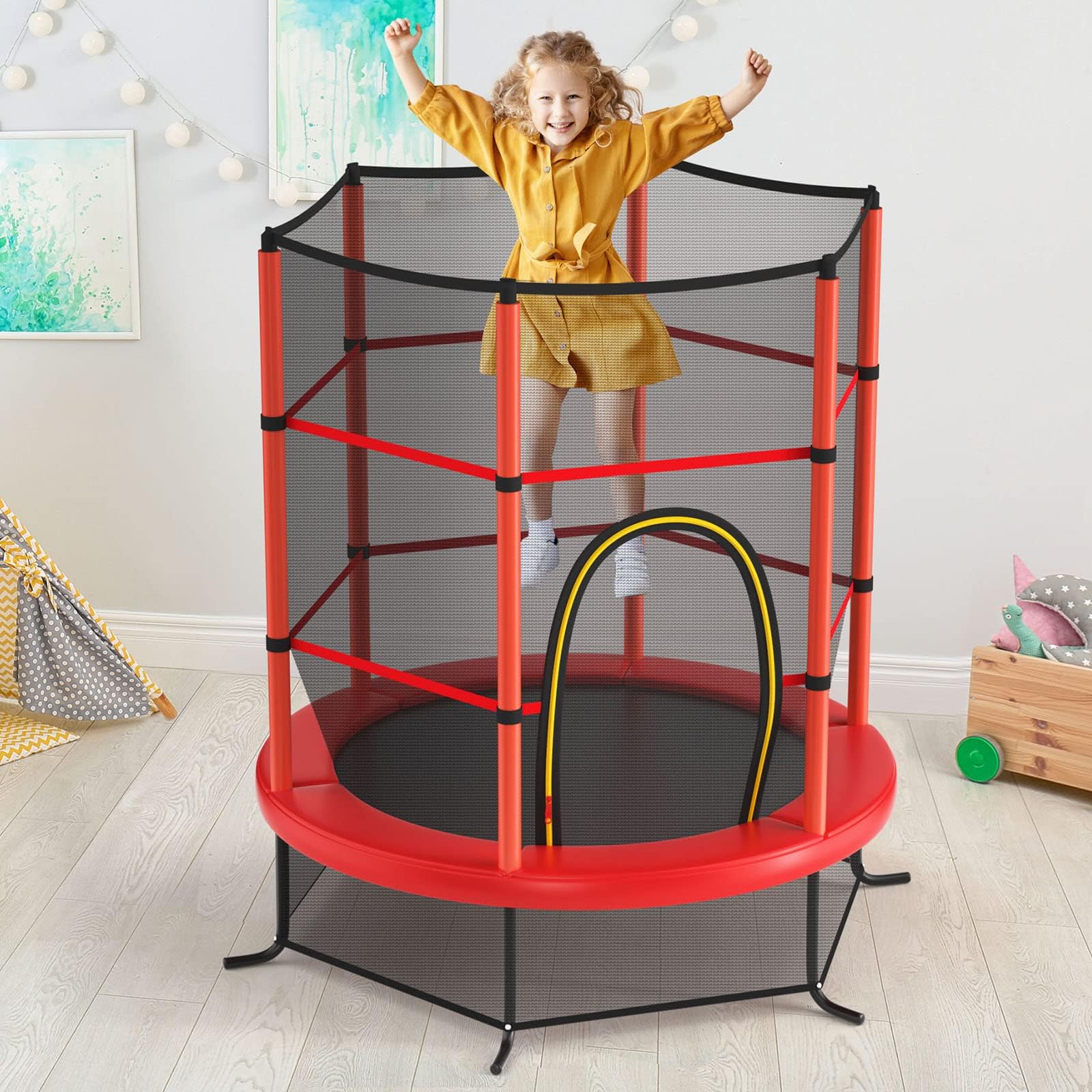 GYMAX Trampolino da Esterno per Bambini, Tappeto Elastico da Giardino, con Rete Protettiva, Telaio in Acciaio, Resistente alle Intemperie, per Interno, Esterno, Portata 135 kg