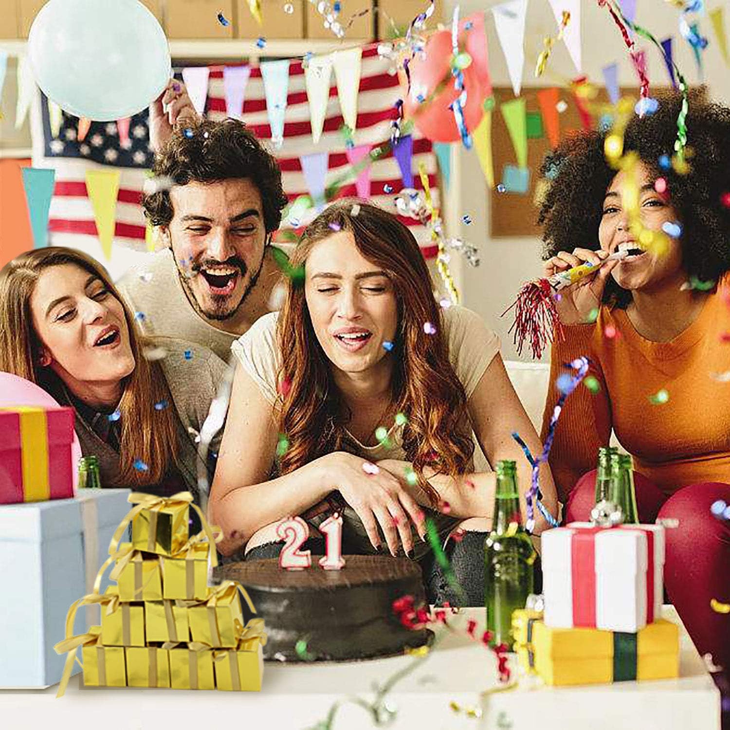 KPOSIYA 100 Pack Favor Boxes 2x2x2 inch Candy Boxes Gold Gift Boxes with Ribbons for Wedding Baby Shower Decorations Birthday Party Supplies - Image 2