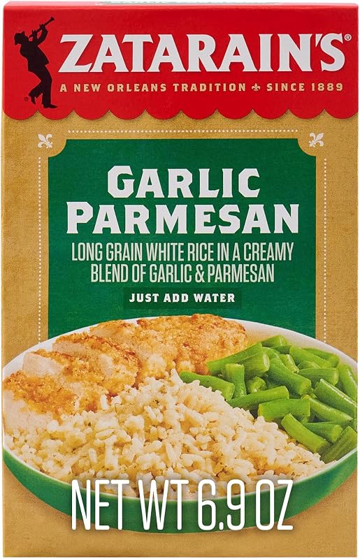 Mezcla de arroz de Zatarain, ajo y parmesano, guarnición o base sabrosa para comidas, mezcla de arroz de grano largo, una olla, solo agregue agua, hecha con ajo real, ingredientes que puede ver y saborear, sin glutamato monosódico agregado, 6.9 oz