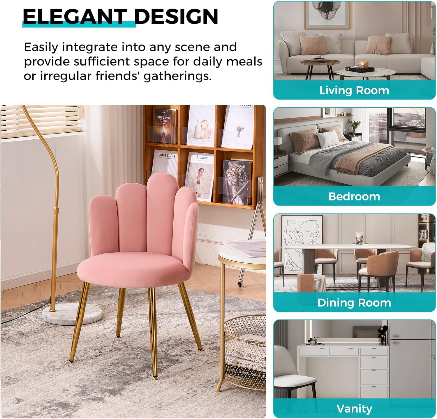 Vanity Chair with Back Makeup Chair for Makeup vanities Modern Cute Velvet armless Accent Chair with Gold Legs for Living Room/Bedroom/Kitchen (1, Pink)