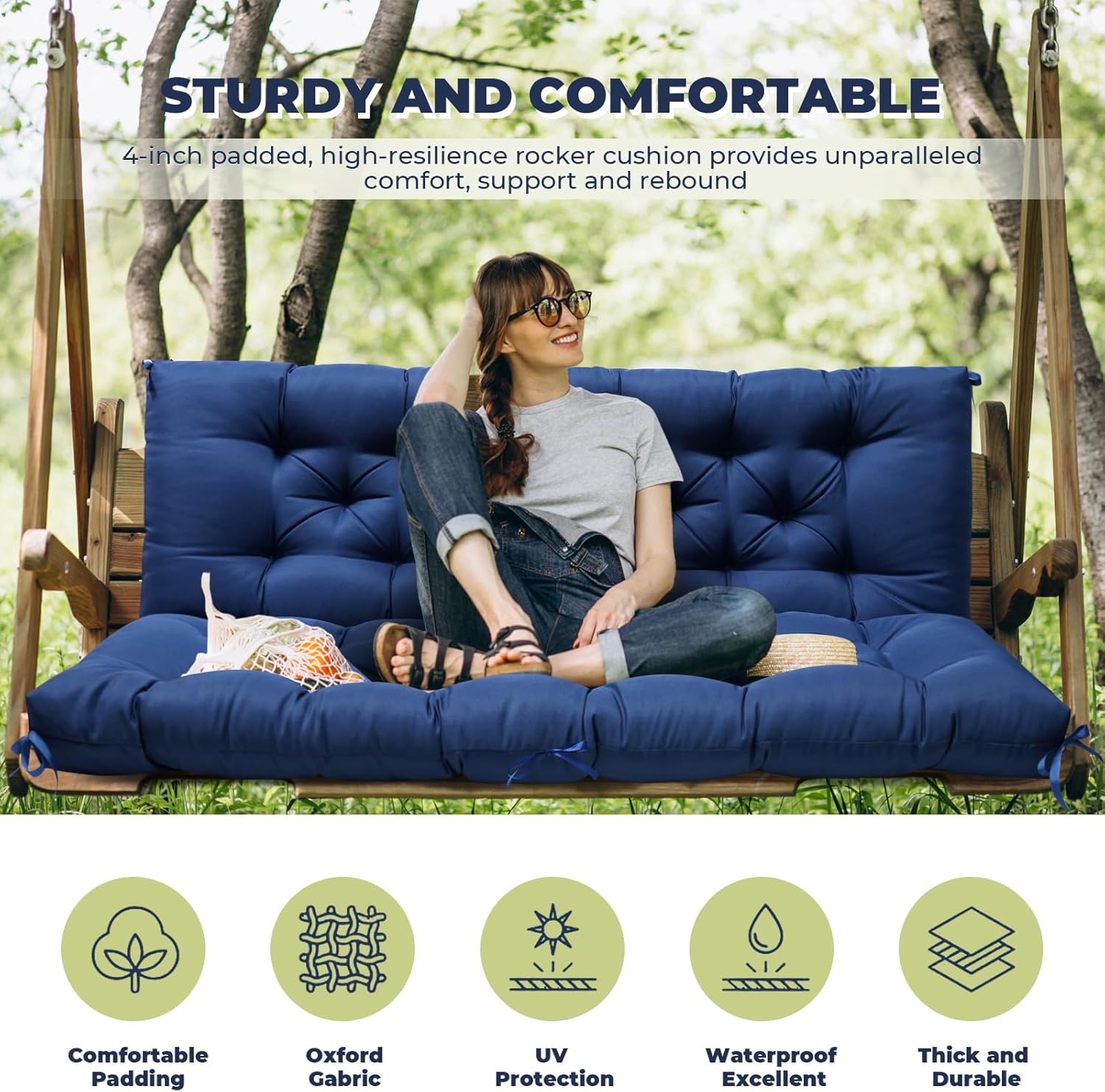 Porch Swing Cushions, Waterproof Outdoor Swing Cushions for Patio Furniture with Backresk, 2-3 Seater Thickened Patio Swing Replacement Cushion 60×40" (Blue)