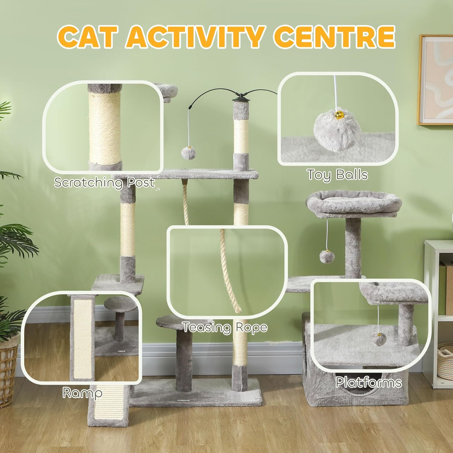 Mchoro unaoonyesha vipengele mbalimbali vya kituo cha shughuli za paka ikiwa ni pamoja na nguzo ya kukwaruza, mipira ya kuchezea, teasinkamba g, ramp, na majukwaa.