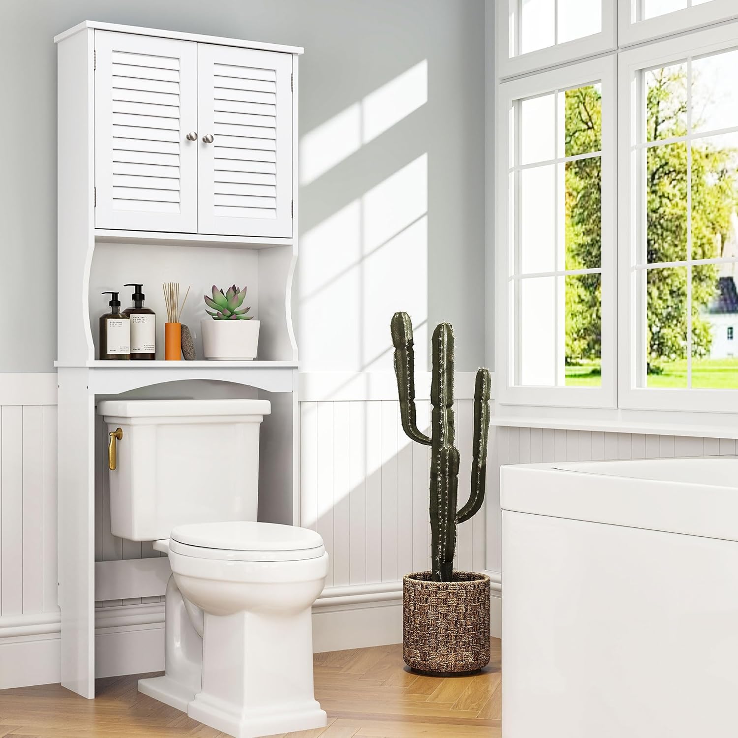 Over The Toilet Storage Cabinet, 3-Tier Freestanding Organizer, Bathroom Storage Cabinet Organize,Adjustable Shelves, Double Louvered Doors, Space-Saving for Bathroom, 23 * 67 inches, White Over The Toilet Storage Cabinet, 3-Tier Freestanding Organizer, Bathroom Storage Cabinet Organize,Adjustable Shelves, Double Louvered Doors, Space-Saving for Bathroom, 23 * 67 inches, White