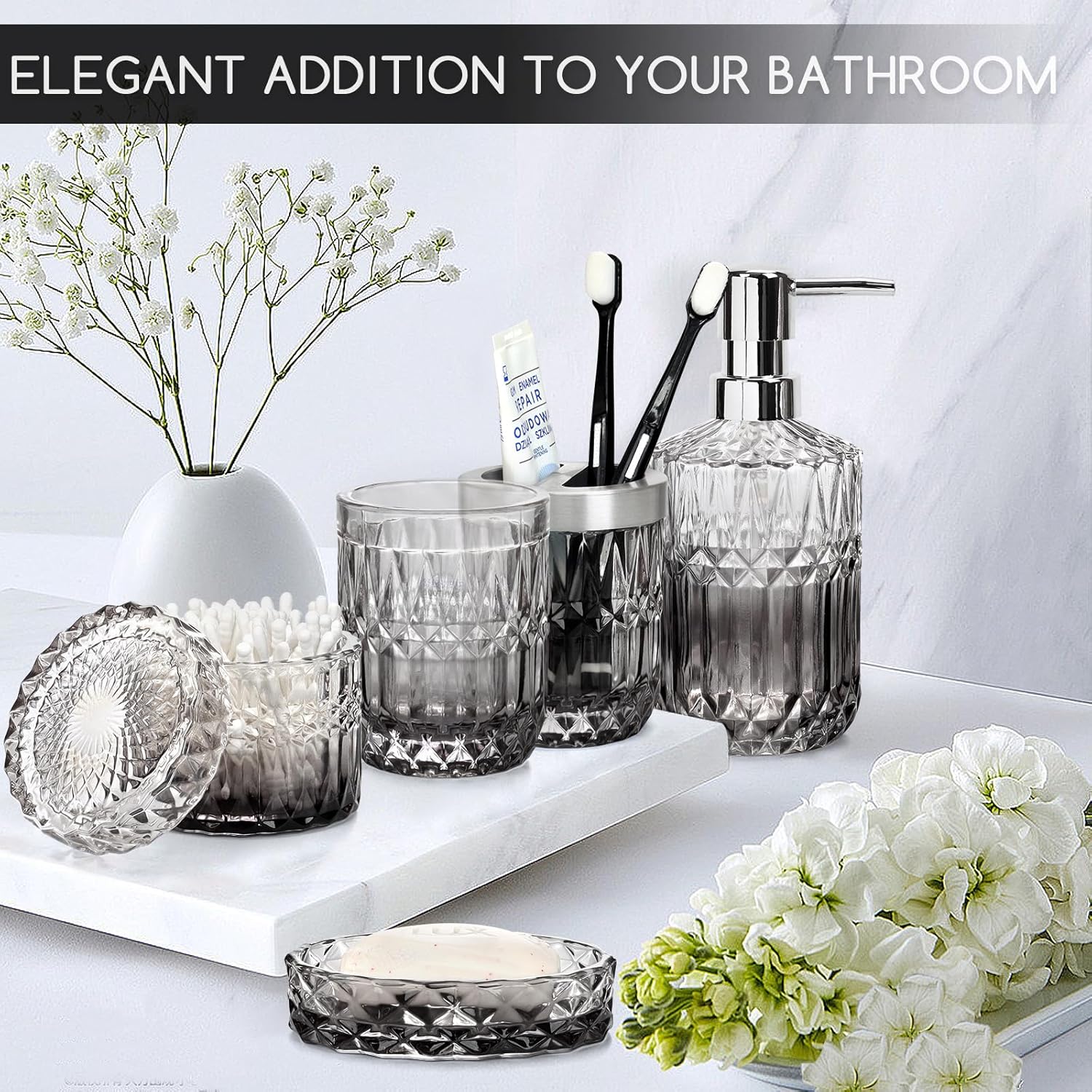 Glass Bathroom Accessories Set, 5 Piece Collection with Soap Dispenser, Toothbrush Holder, Tumbler, Soap Dish, Cotton Swab Jar (Black Gradient Transparent)