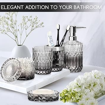 Bathroom Accessories Set 5 Piece, Bathroom Decor Sets, Bathroom Organiser, Hotel Home Complete Luxury Bath Accessory with Toothbrush Cup/Soap Dispenser/Soap Dish/Rinsing Cup/Cotton Swab Jars(Black)