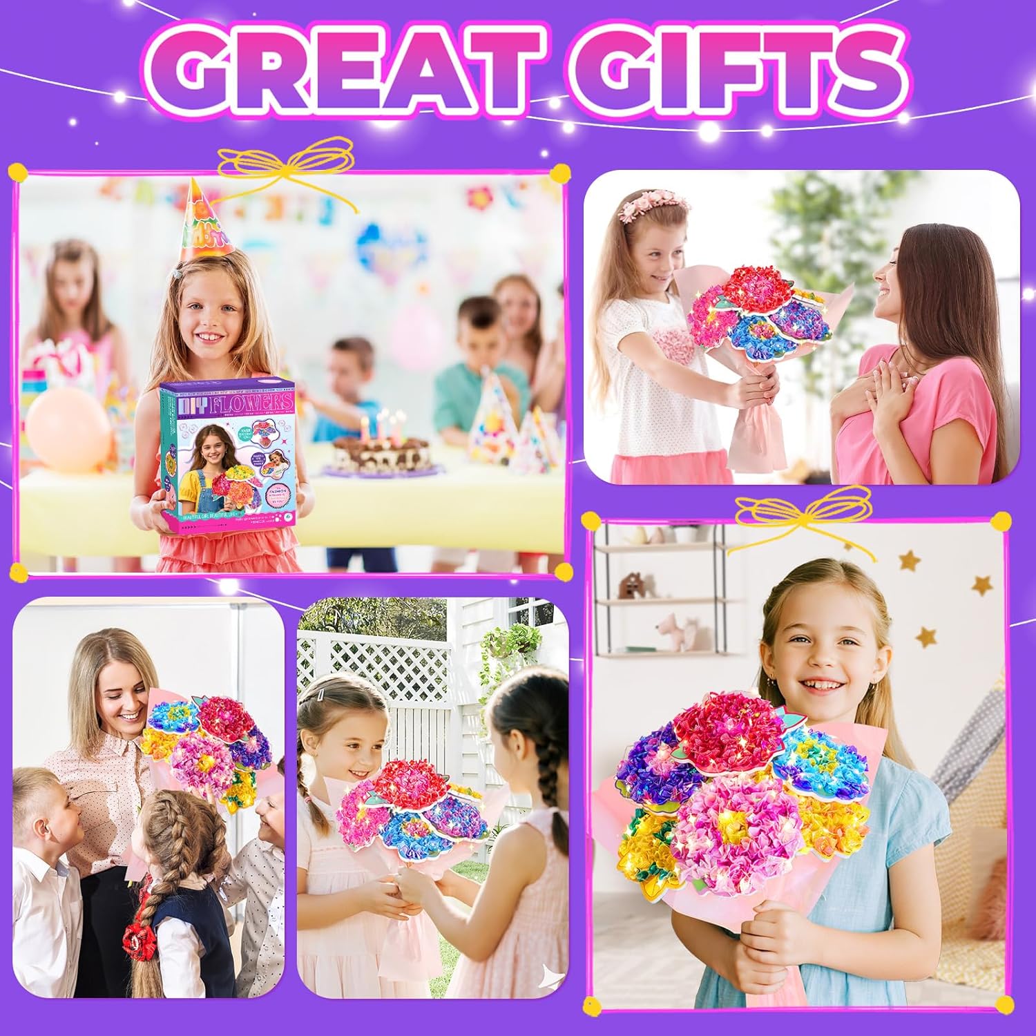 Vinkp Flower Bouquet Art Craft Kit, Arts and Crafts for Kids Ages 4-8, Poke Kit with with 6 Flowers & 6 Light Strings, Mess-Free for Girls & Boys, Craft Gift for Girls Ages 4, 5, 6, 7, 8+
