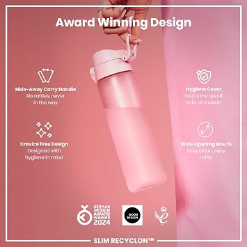 Ion8 Water Bottle, 500 ml/18 oz, Leak Proof, Easy to Open, Secure Lock, Dishwasher Safe, BPA Free, Hygienic Flip Cover, Carry Handle, Fits Cup Holders, Easy Clean, Carbon Neutral, Rose Pink
