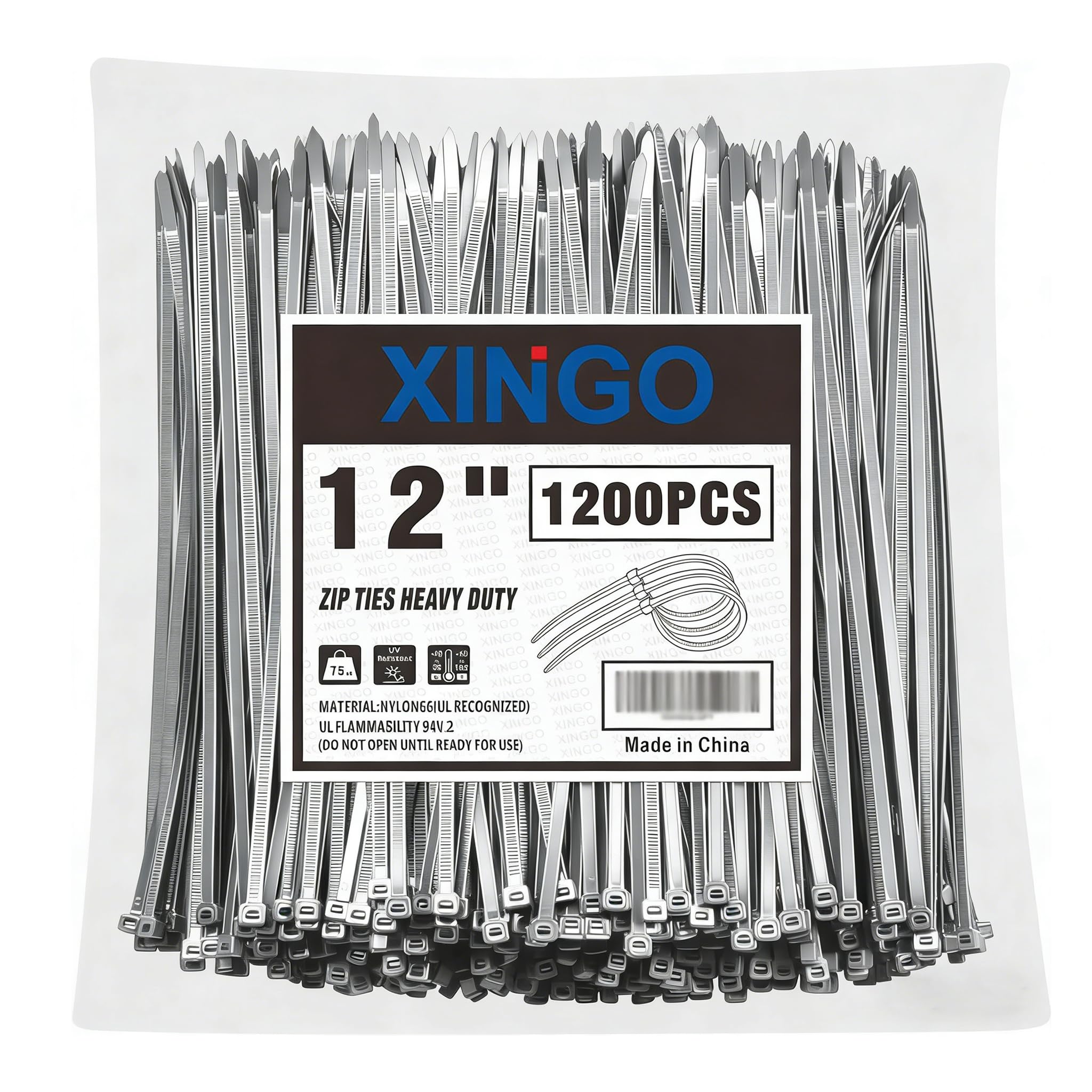 XINGO 12 Inch Silver Zip Ties 1200PCS, 75 LBS Ultra Strong Tensile Strength, UV Resistant Cable Ties, Self-locking Plastic Ties for Indoor and Outdoor Use