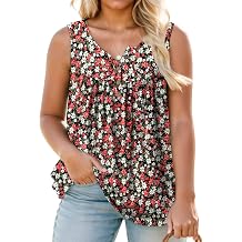 ROSRISS Plus Size Tank Tops for Women Summer V-Neck Sleeveless Henley Shirts Buttons Up Loose Fit Pleated Flowy Tunics