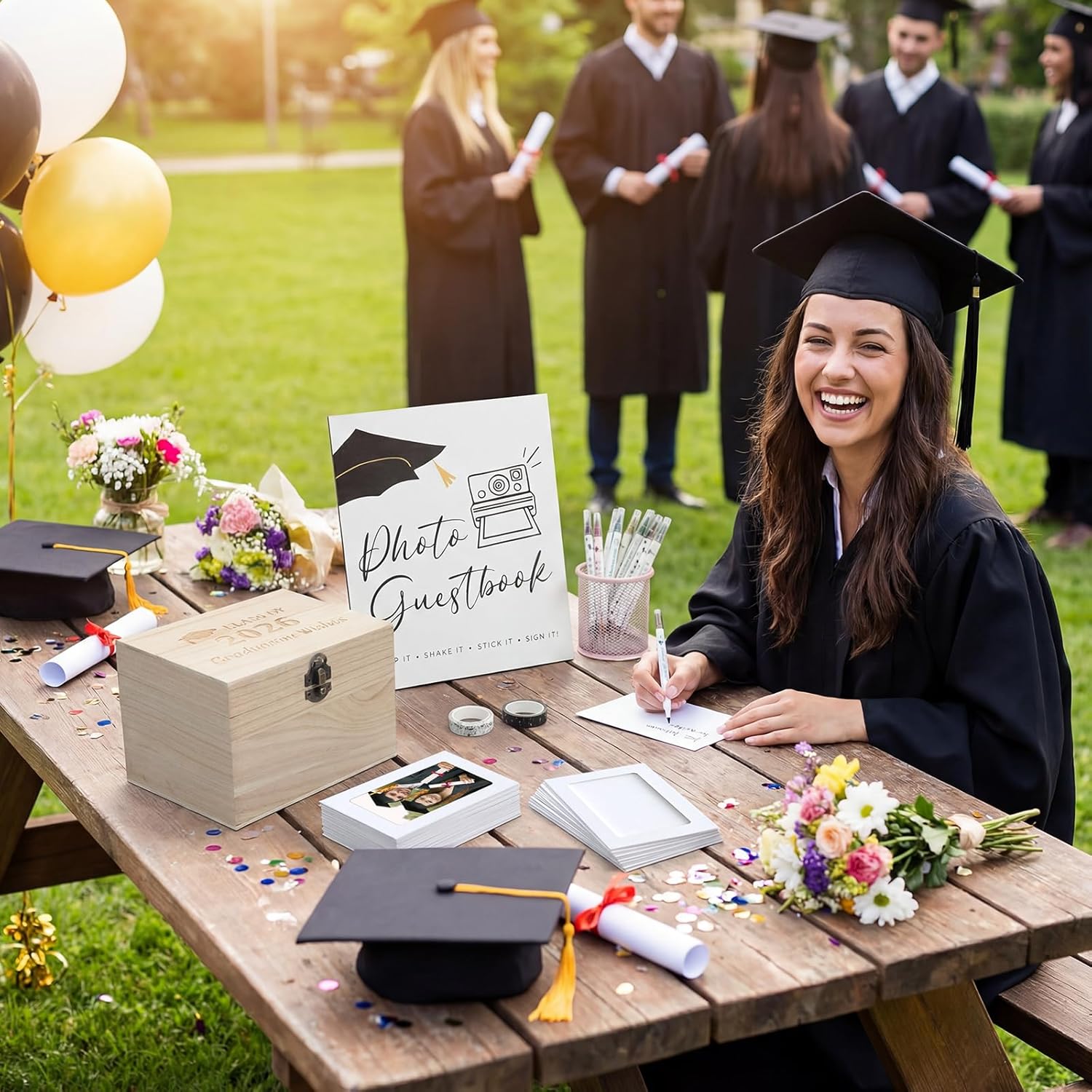 Epakh Class of 2026 Graduation Wishes Cards Box Graduation Party Photo Frame Note Cards for 4" x 6" Photos with 10 Metallic Markers 2 Washi Tape Wooden Keepsake Box for Grad Party Decor(White Card)