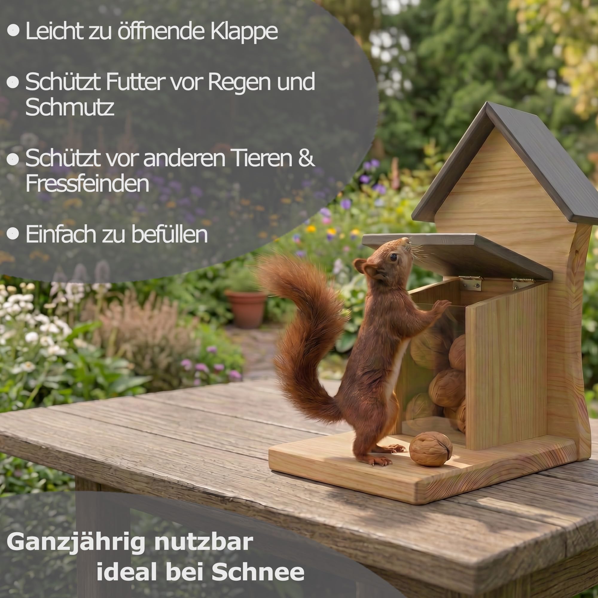 DAdie Eichhörnchen Futterhaus - Wetterfeste und Robuste Eichhörnchen Futterstation - zum Hängen oder Stellen - Robust Dank 2cm dickem Holz - vormontierte Aufhängung