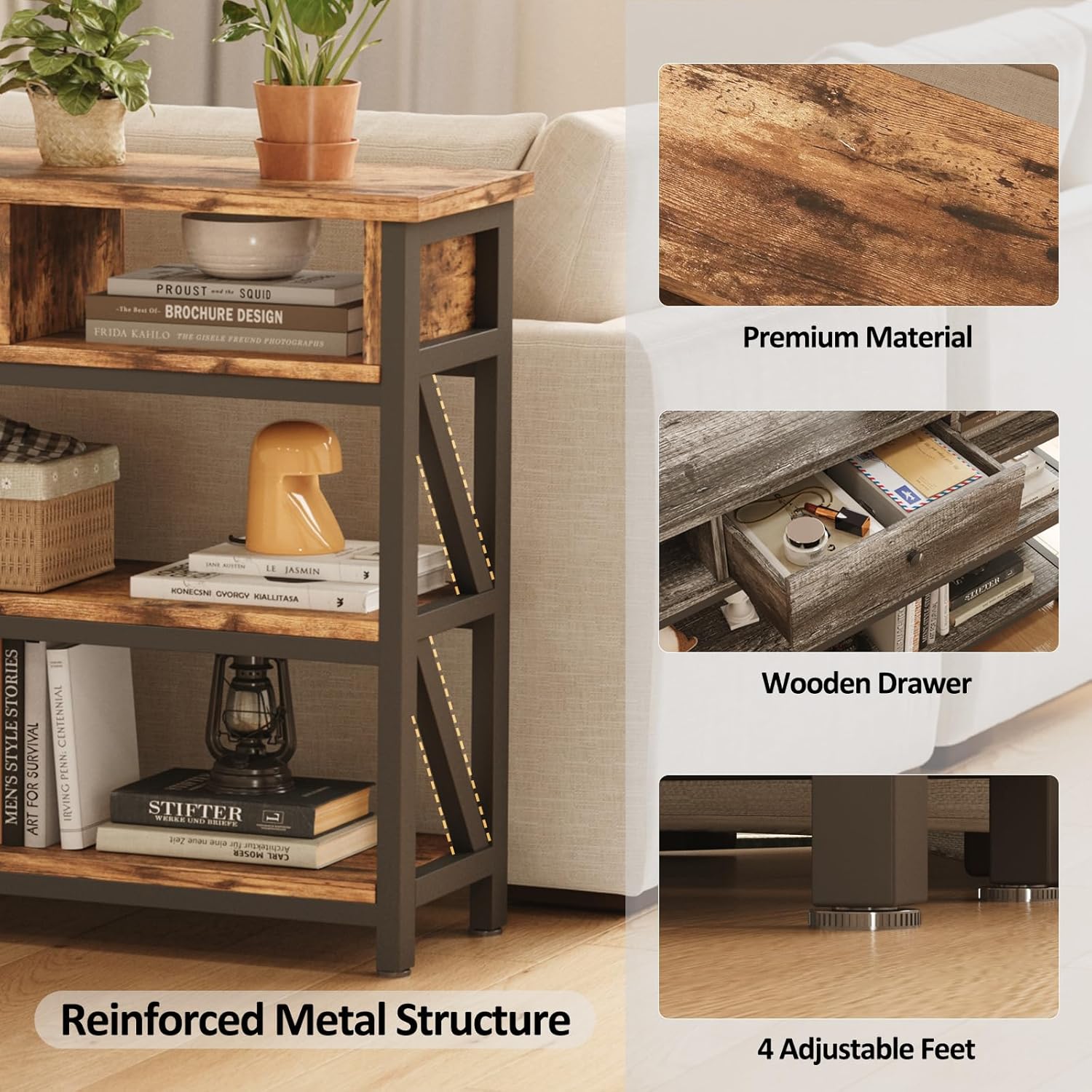 Mexin Console Table with Drawer Shelves, Entryway Table with 3 Tier Storage Shelves, Industrial Wood Hallway Sofa Table for Living Room, Couch, Foyer, Kitchen Counter, 47 Inch Rustic Brown