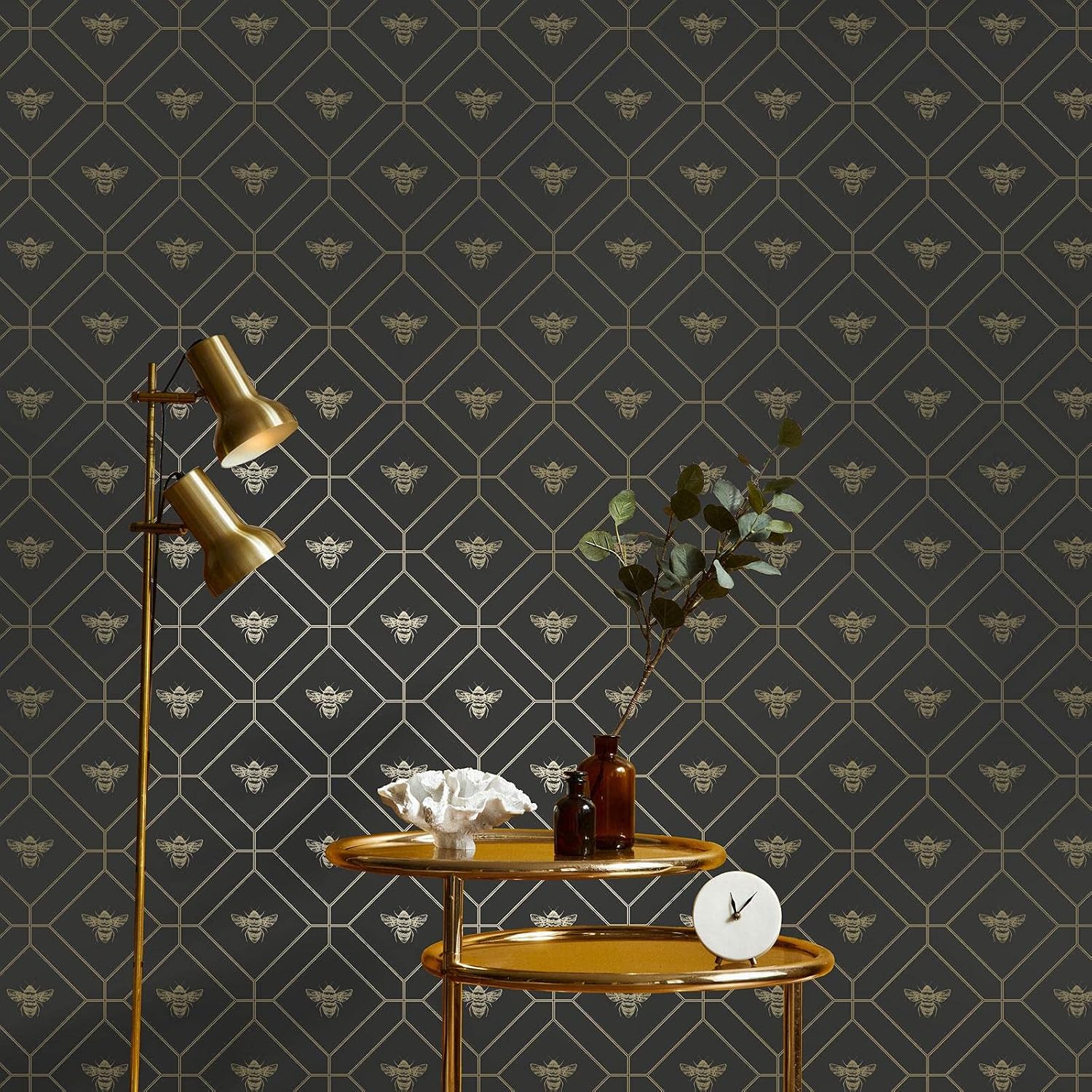 Honeycomb Bee Charcoal & Gold Wallpaper by Holden Decor – Geometric Metallic Bee Pattern, Premium Paper Wallpaper Roll, 21 in x 33 ft - Perfect for Living Rooms, Bedrooms, Hallways and Home Office