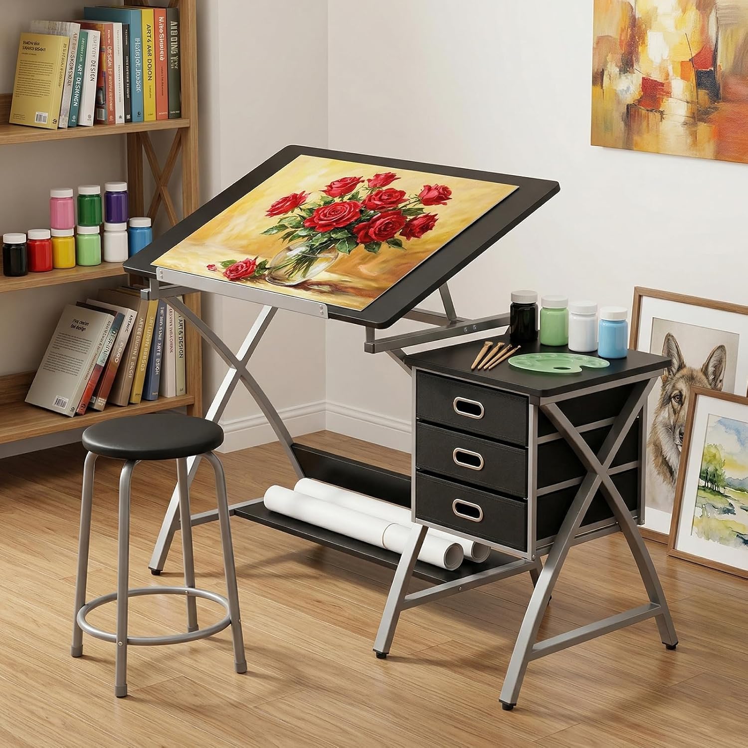 Garvee Tabletop Adjustable Drafting Table, Drawing Table for Adults, Drafting Desk Art Desk with Stool & 3 Storage Drawers, Modern Painting Studio Work Station for Home Office, 50.5 x 24 x 45 inch