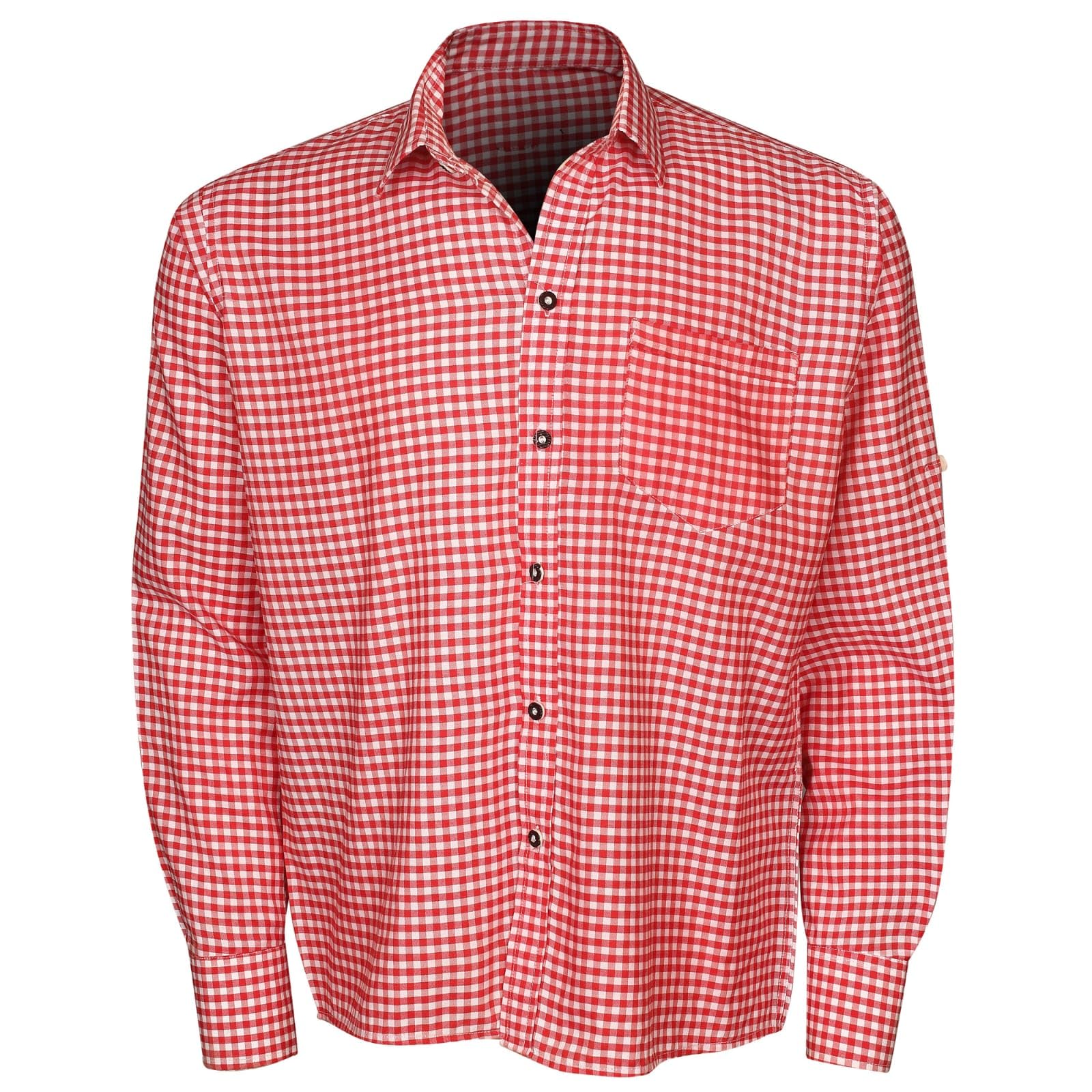 Men’s Bavarian Shirt Gingham Check Oktoberfest Trachten Style Regular Fit Classic Point Collar Pink Blue Red Bottle Green Sizes S-3XL (UK, Alpha, XXL, Regular, Regular, Red Check)