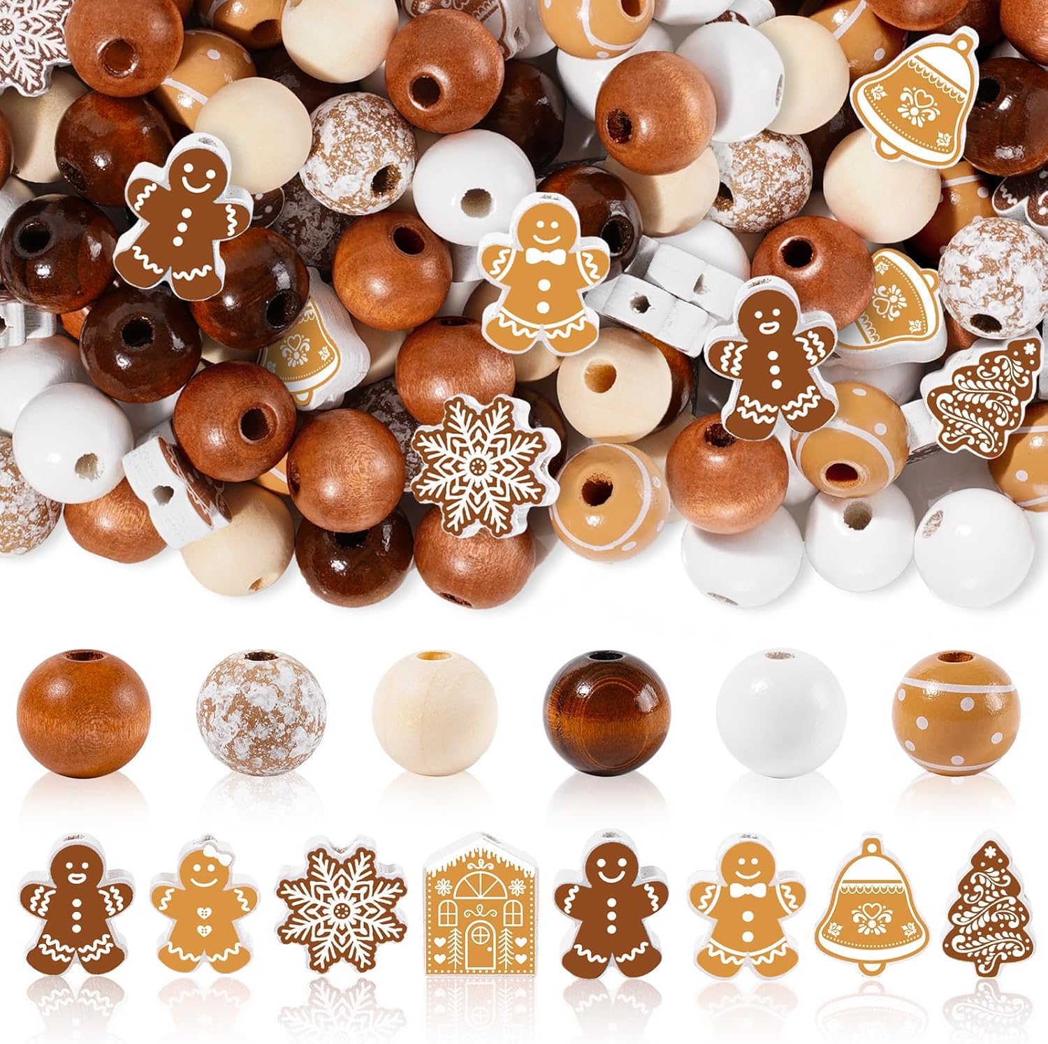Whaline 200Pcs Christmas Wooden Beads Round Loose Bead Gingerbread Man Snowflake Craft Beads for Xmas Farmhouse Ornament DIY Making Winter Decor