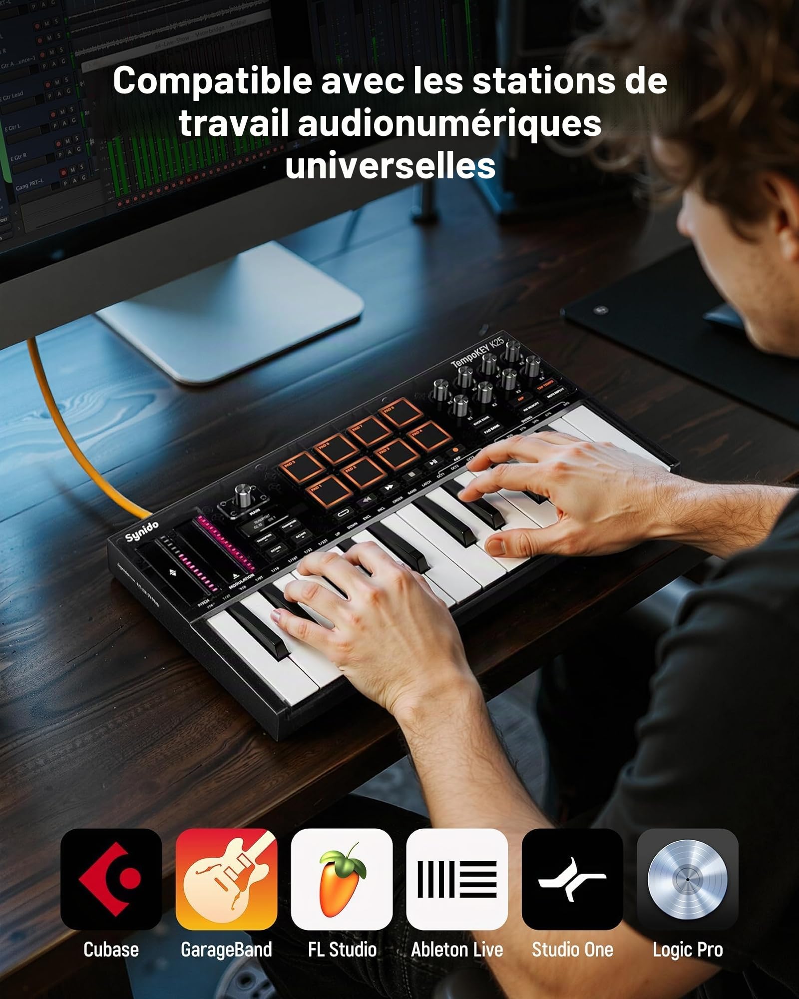 Synido TempoKEY – Contrôleur de clavier MIDI USB, 25 touches, machine Beat Maker avec sac de transport, écran OLED, mini clavier midi TempoKEY avec coussinets de batterie pour production musicale,