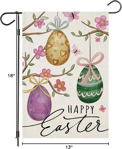 Miniatura 9 de EKOREST Banderas de jardín de Pascua para exteriores, huevos de Pascua en acuarela con ramas de flores, decoración de patio, decoración pequeña de