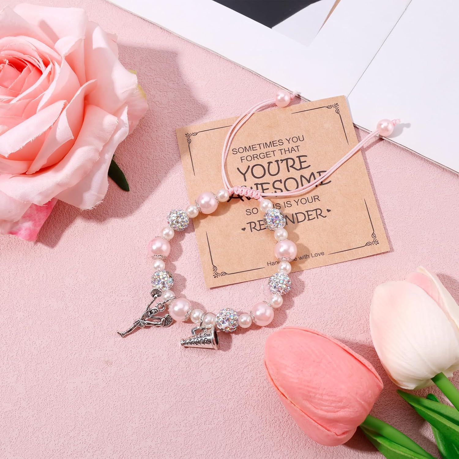 Cheer Bracelet with Encouragement Card, Positive Cheerleading Beaded Charm Bracelet with Rhinestones Beads Jewelry Gifts for Cheer Team Cheerleader - Image 3
