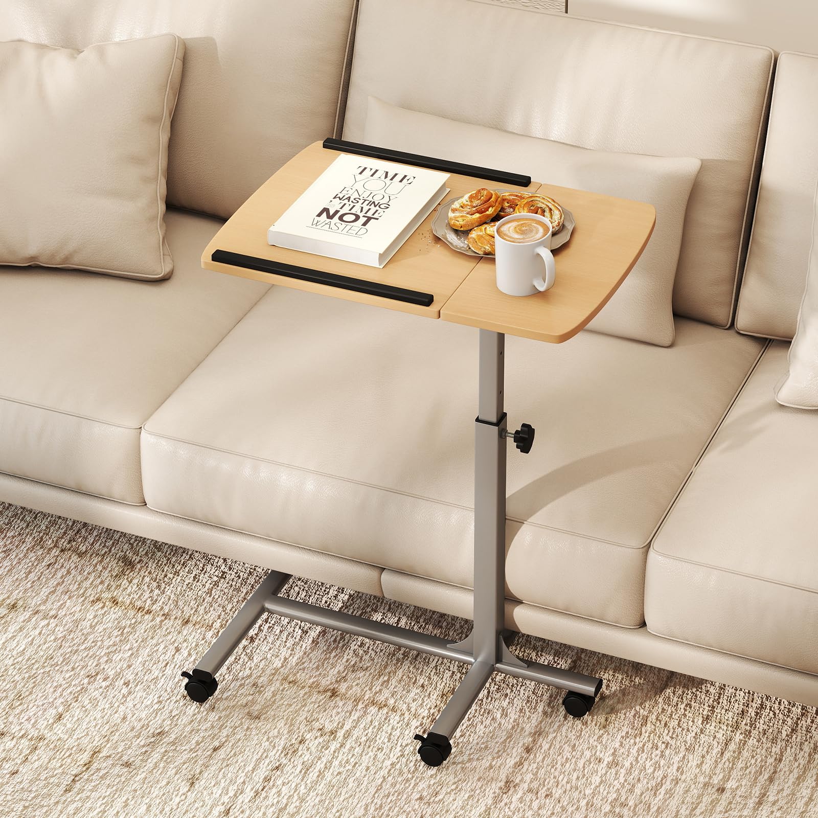 COSTWAY Table de Lit a Roulette pour Ordinateur Portable, 60 x 40 cm, Bureau Debout Tablette et Hauteur Réglable, Table d'Appoint Canapé en Forme de C, pour Hôpital, Handicapés, Manger